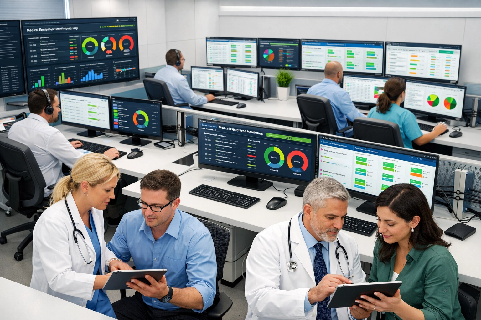Healthcare IT operations center monitoring ServiceNow ITOM dashboards for medical equipment management