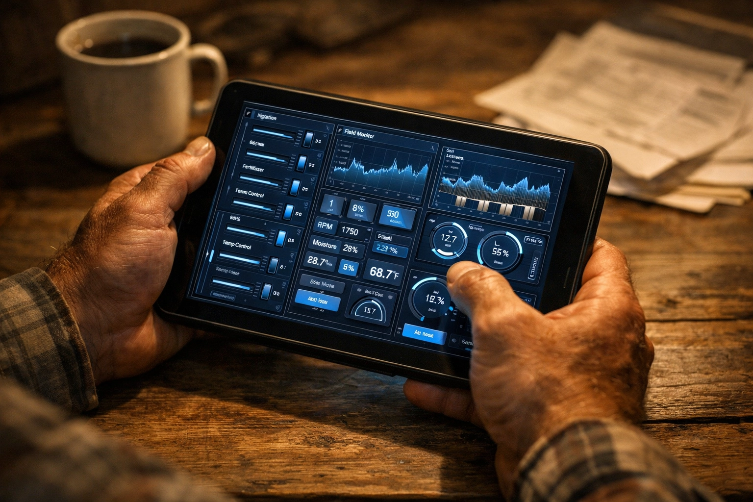 Fermier avec tablette affichant interface complexe de contrôleur de bâtiment d'élevage
