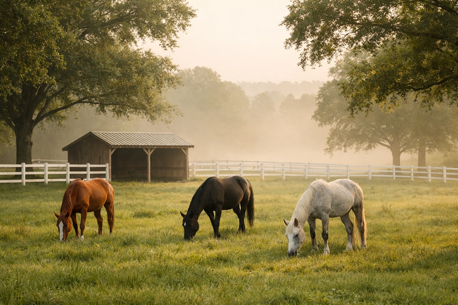 Horses grazing in maintained pastures on Waxhaw NC equestrian property