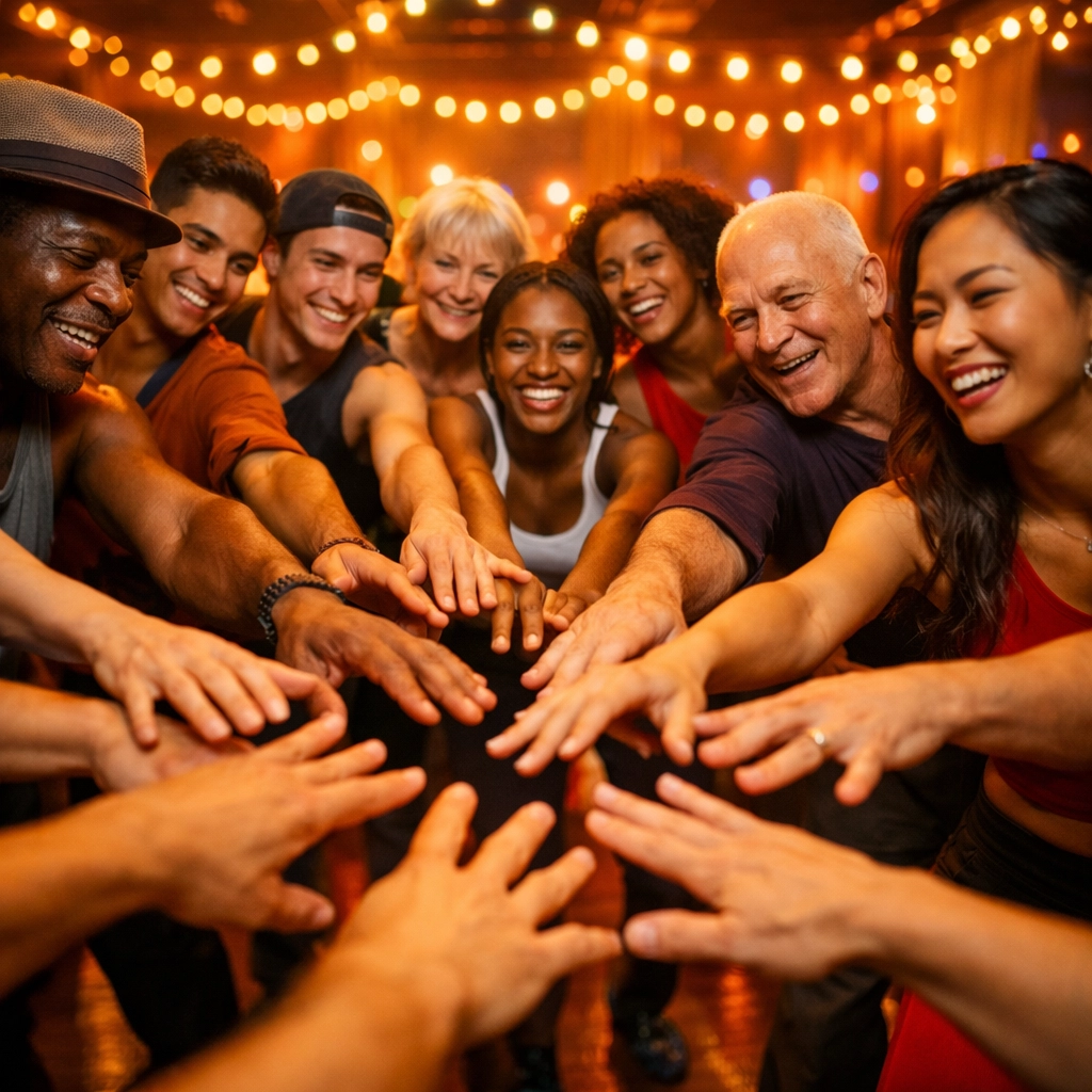 Diverse dancers forming welcoming circle on dance floor demonstrating inclusive community building