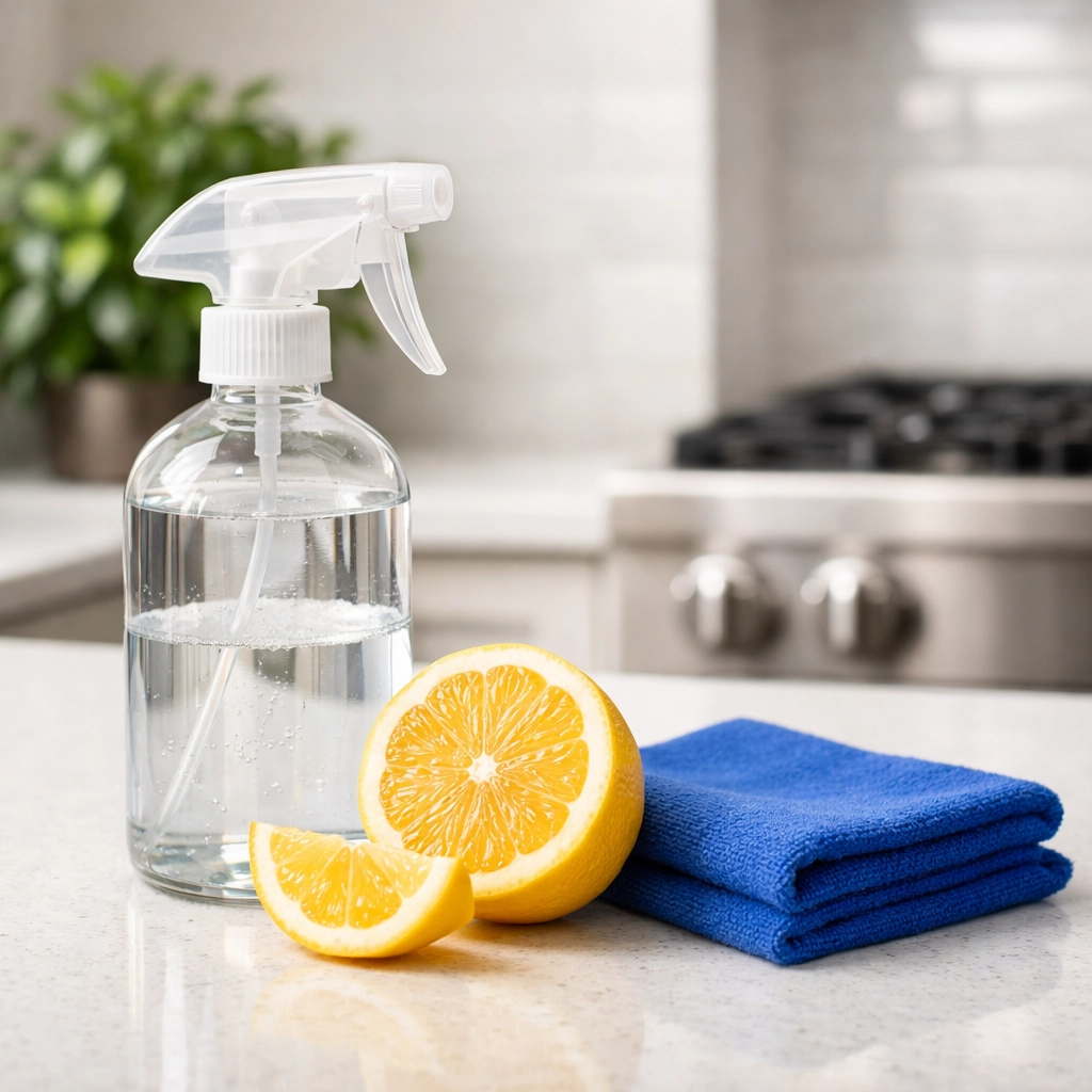 Eco-friendly products and microfiber cloth for safe residential cleaning Massachusetts in a modern luxury kitchen.