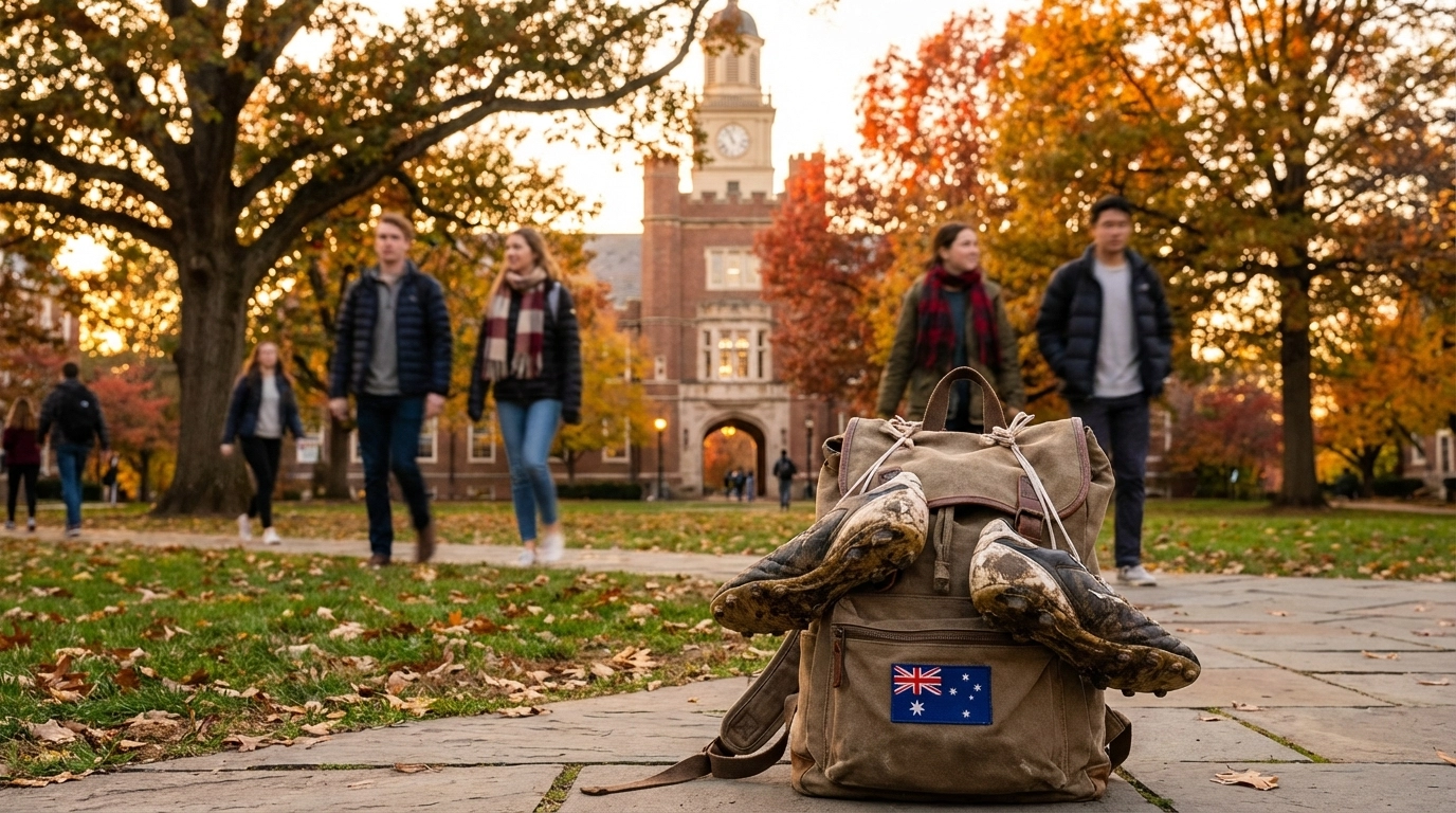 Australian student-athlete on US university quad with soccer boots on backpack – campus life