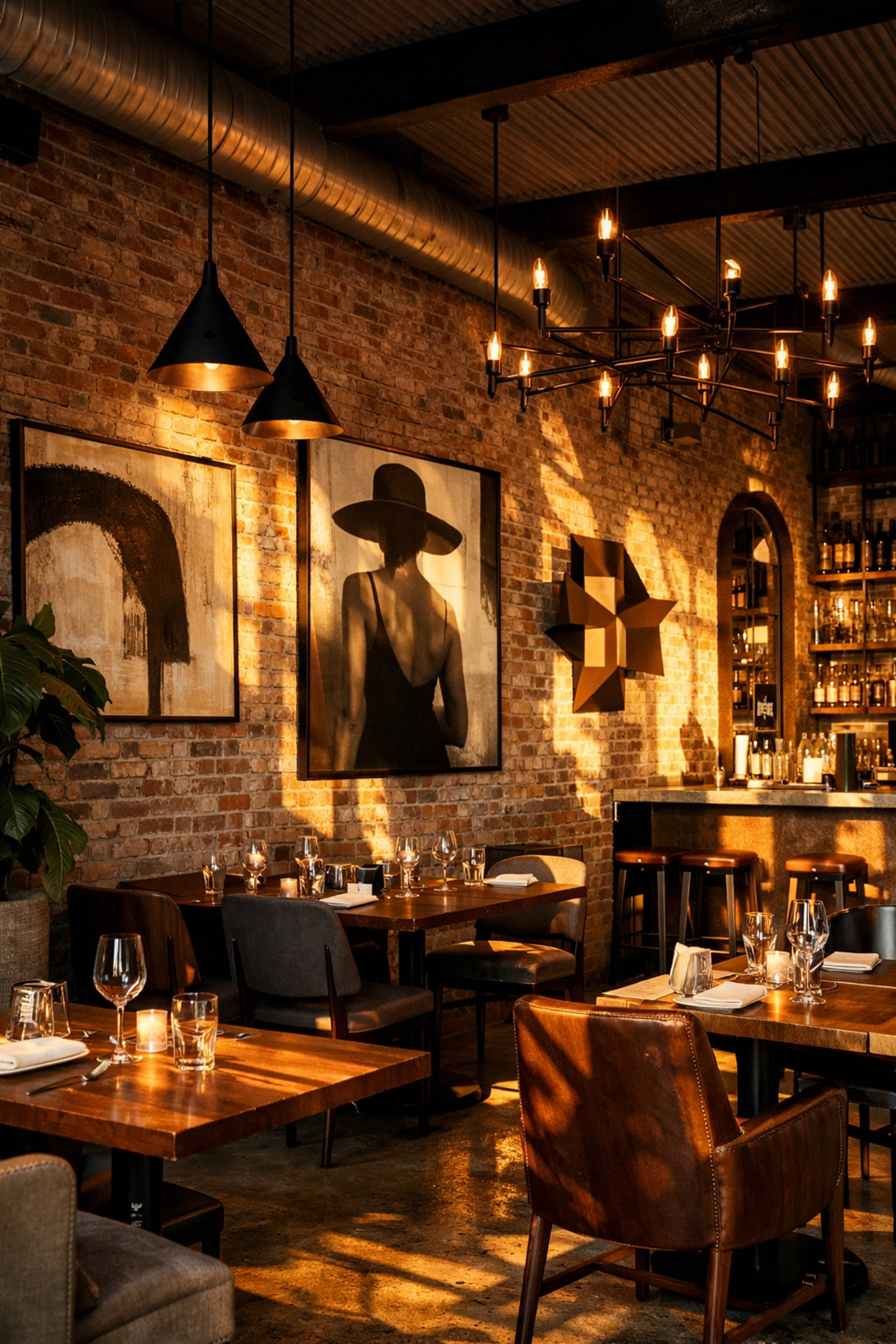 Design District restaurant interior with exposed brick and modern industrial design