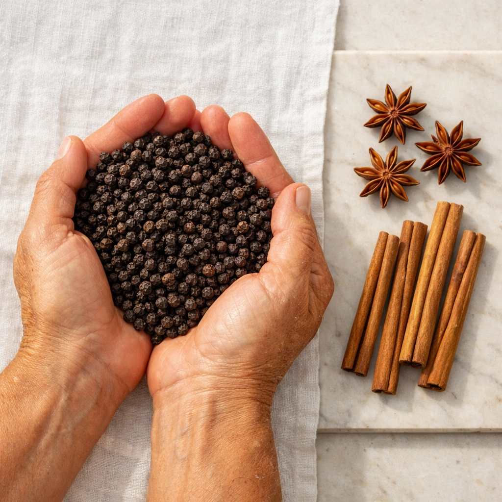 Hands holding premium whole black peppercorns and star anise on a clean marble surface.