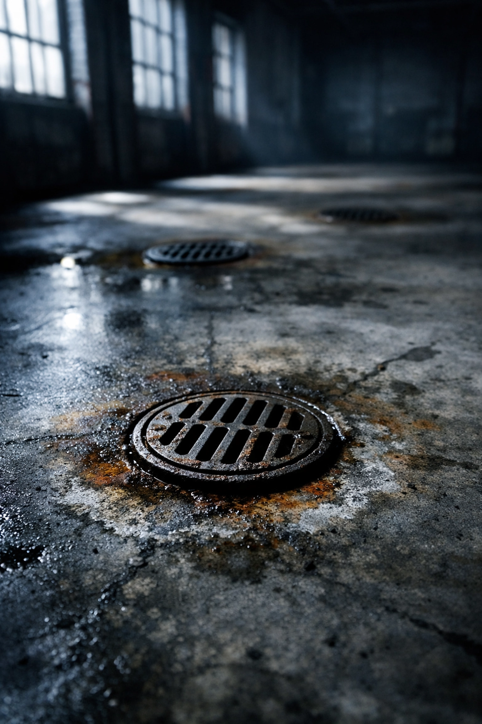 Industrial building floor drains with water stains indicating potential environmental contamination