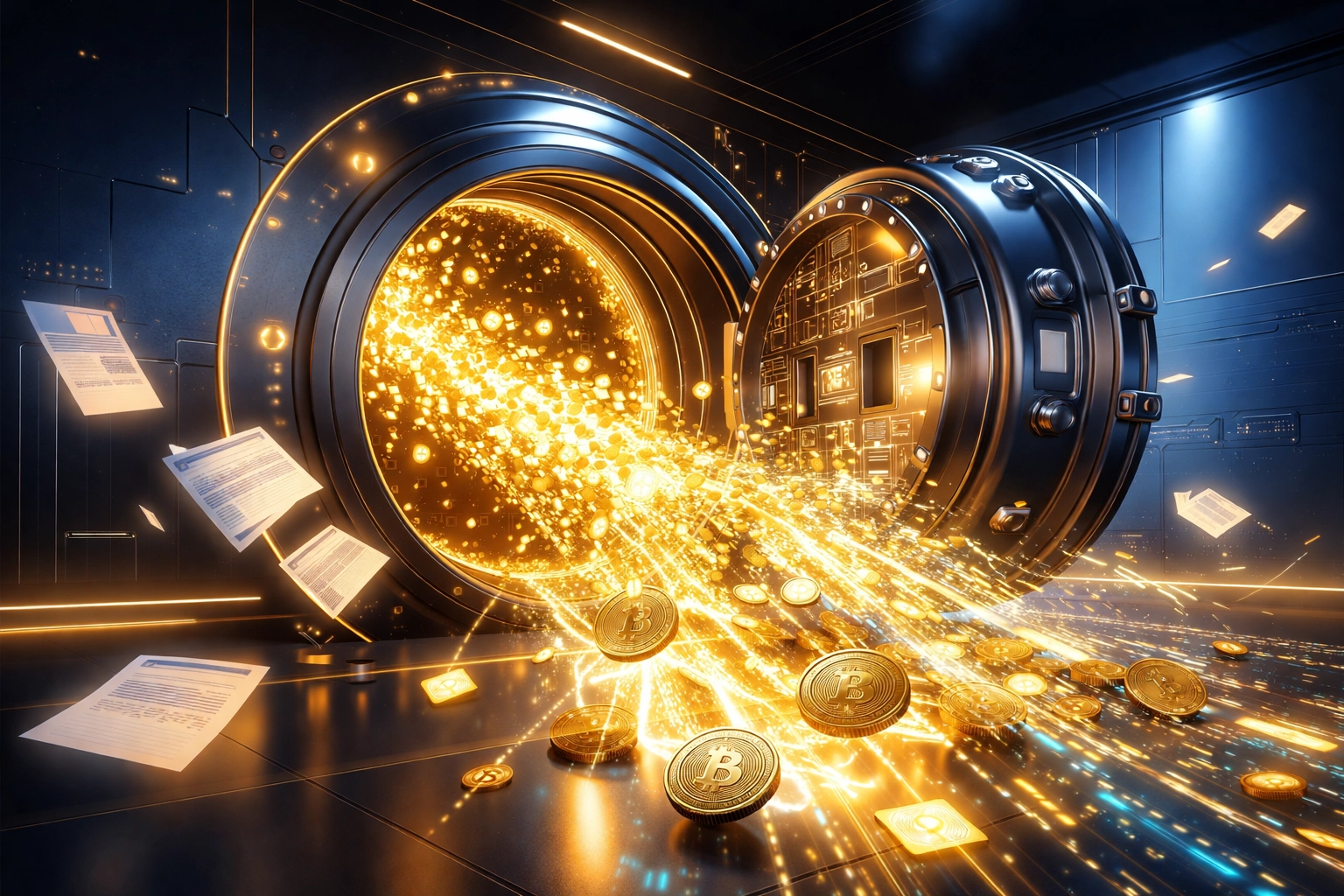 A digital vault bursts open with coins and blockchain data representing Larecoin receivables tokens and global Web3 payments.