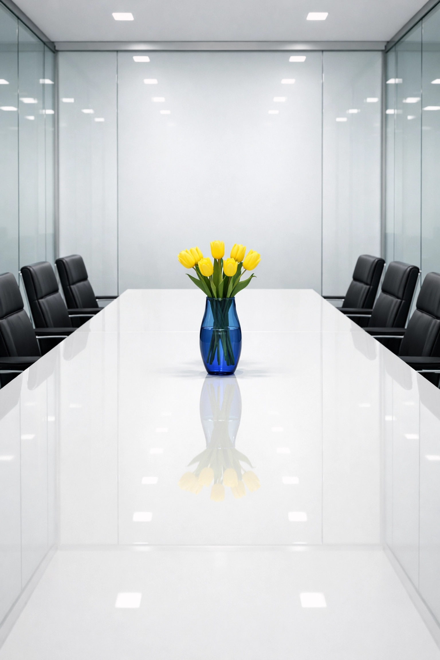 Minimalist executive conference room in Boston with streak-free glass walls after a professional deep cleaning.