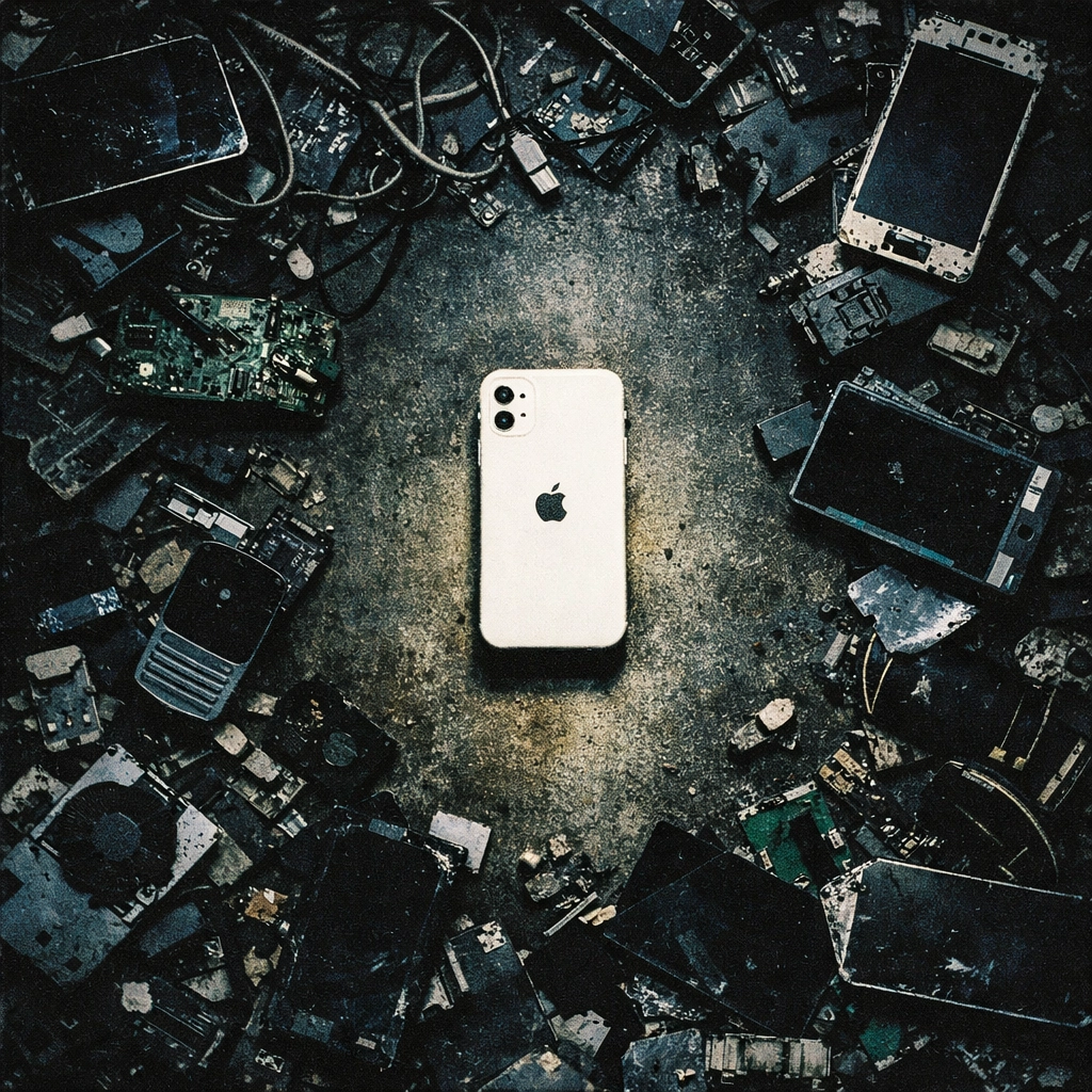 iPhone 12 surrounded by electronic waste illustrating phone repair versus e-waste from replacement