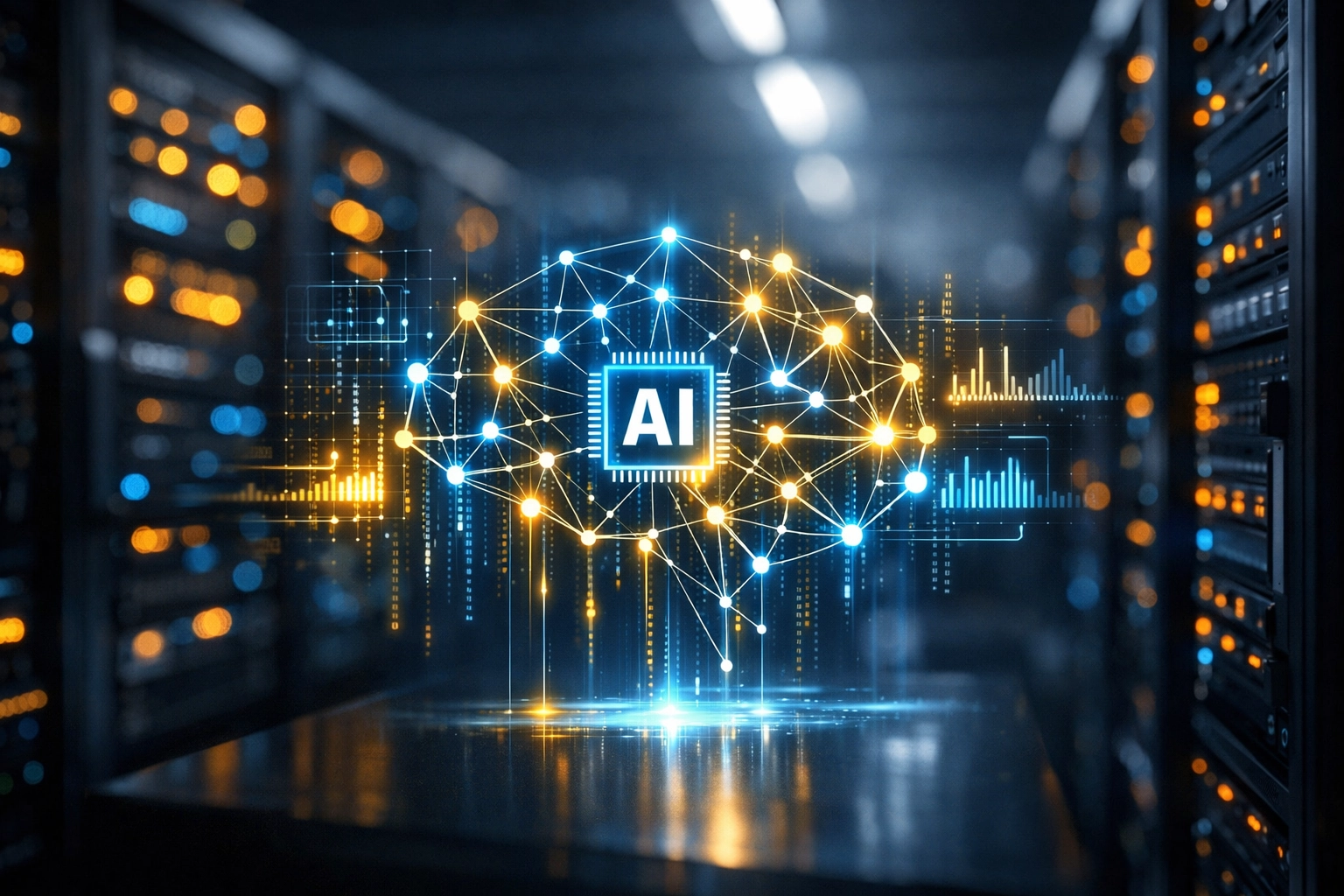 Modern server room with AI neural network visualization showing IT infrastructure readiness