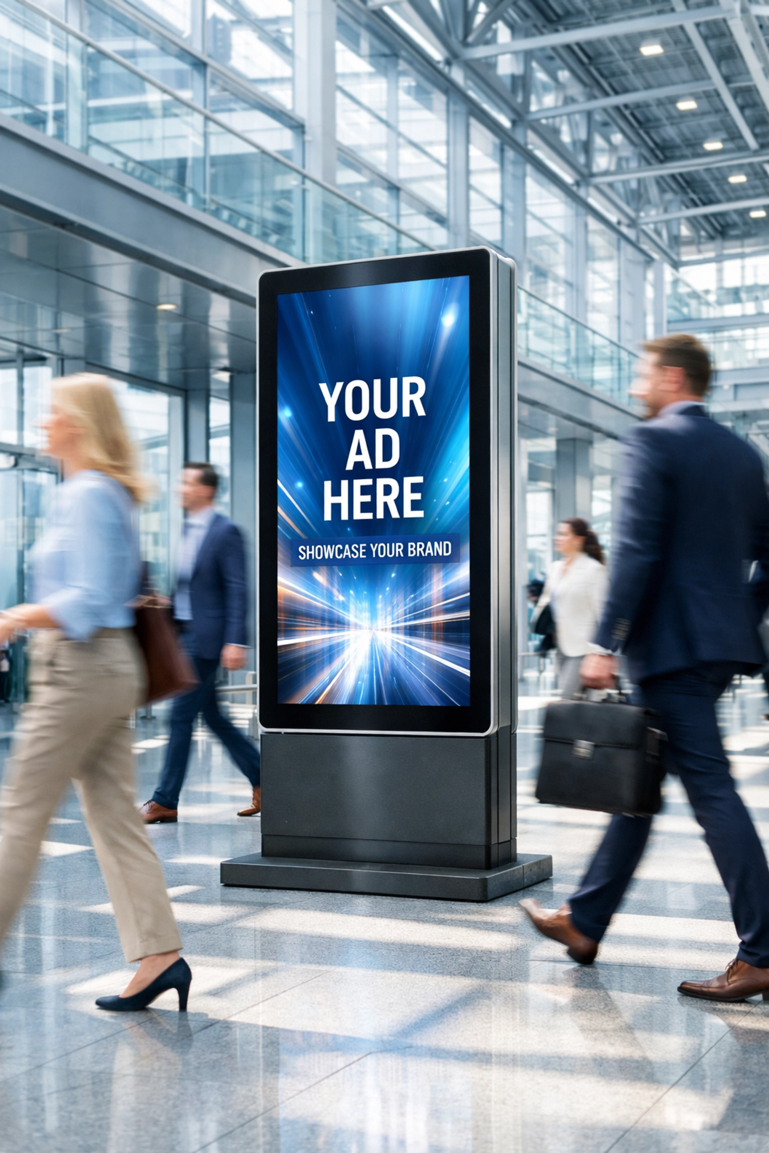 A sleek digital advertising kiosk in a busy transit hub demonstrating hyper-targeted DOOH placement.