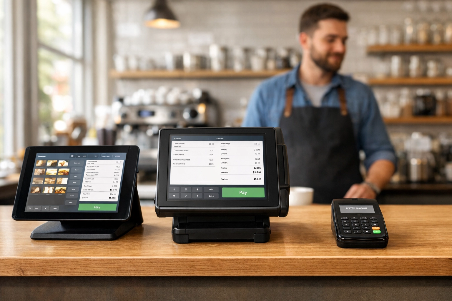 Three different EPOS systems displayed on café counter comparing SumUp, Toast and Epos Now options
