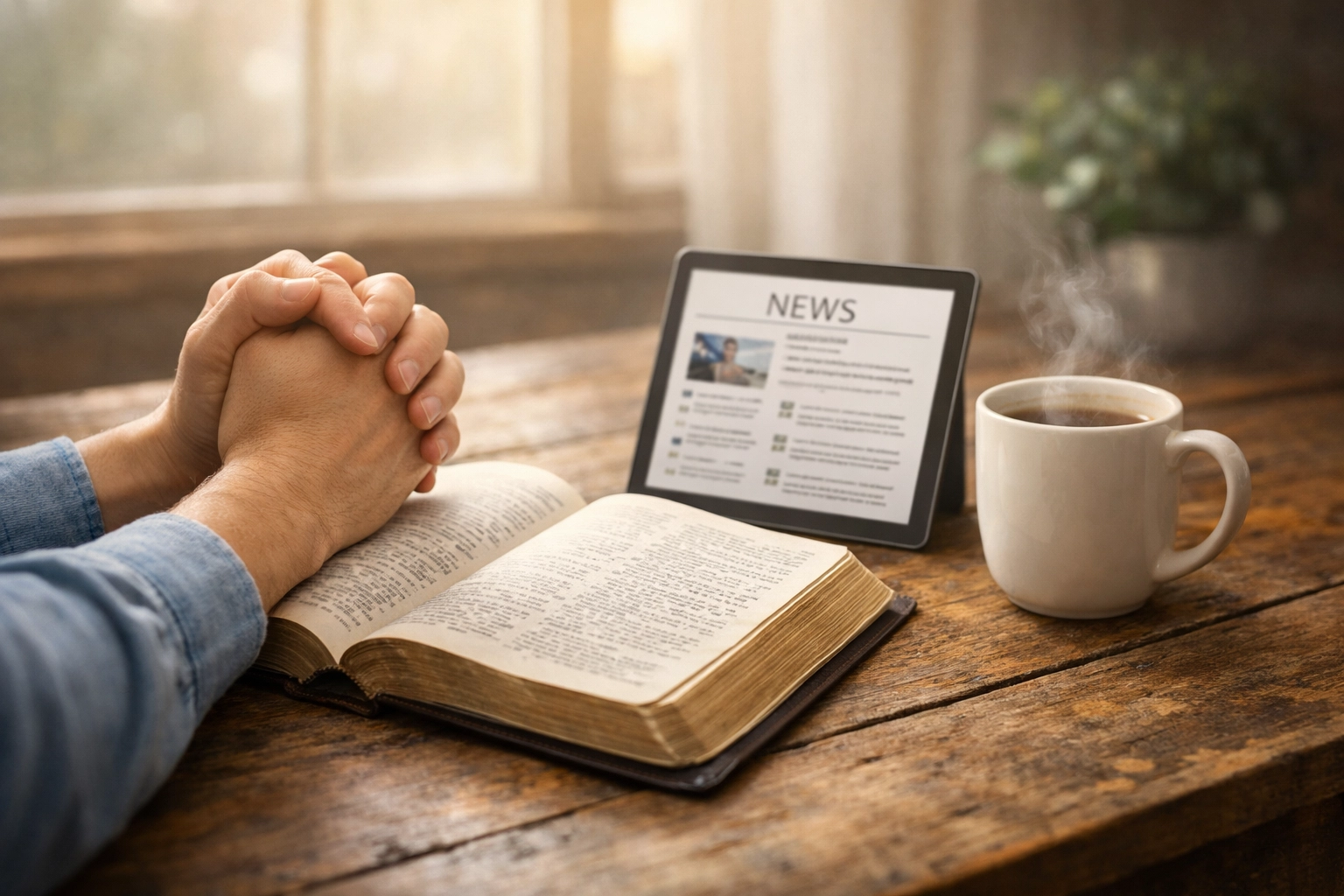 Hands in prayer over open Bible with breakfast brief and coffee on wooden table