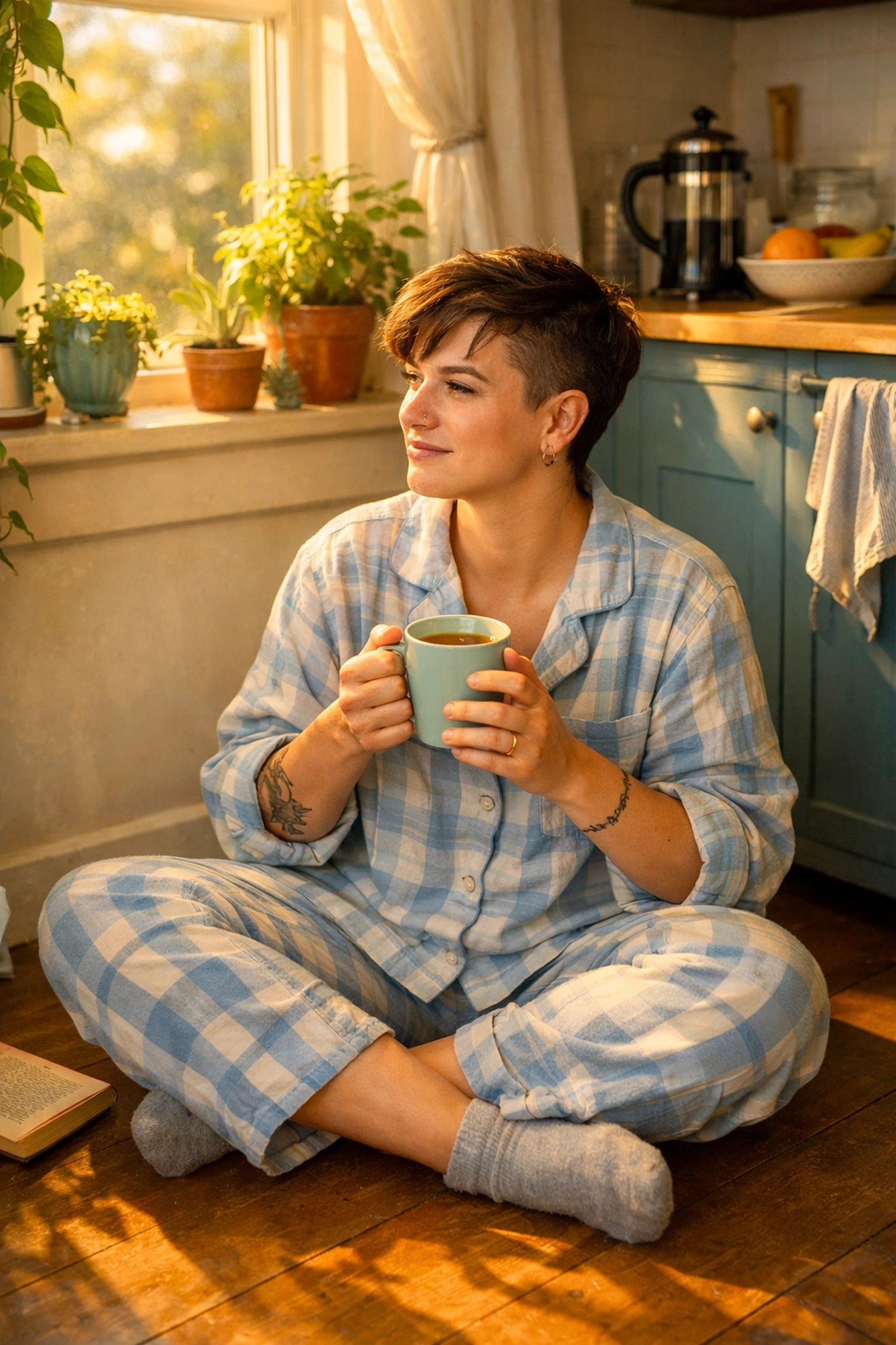 LGBTQ+ person enjoying quiet morning coffee in pajamas at home being their authentic self