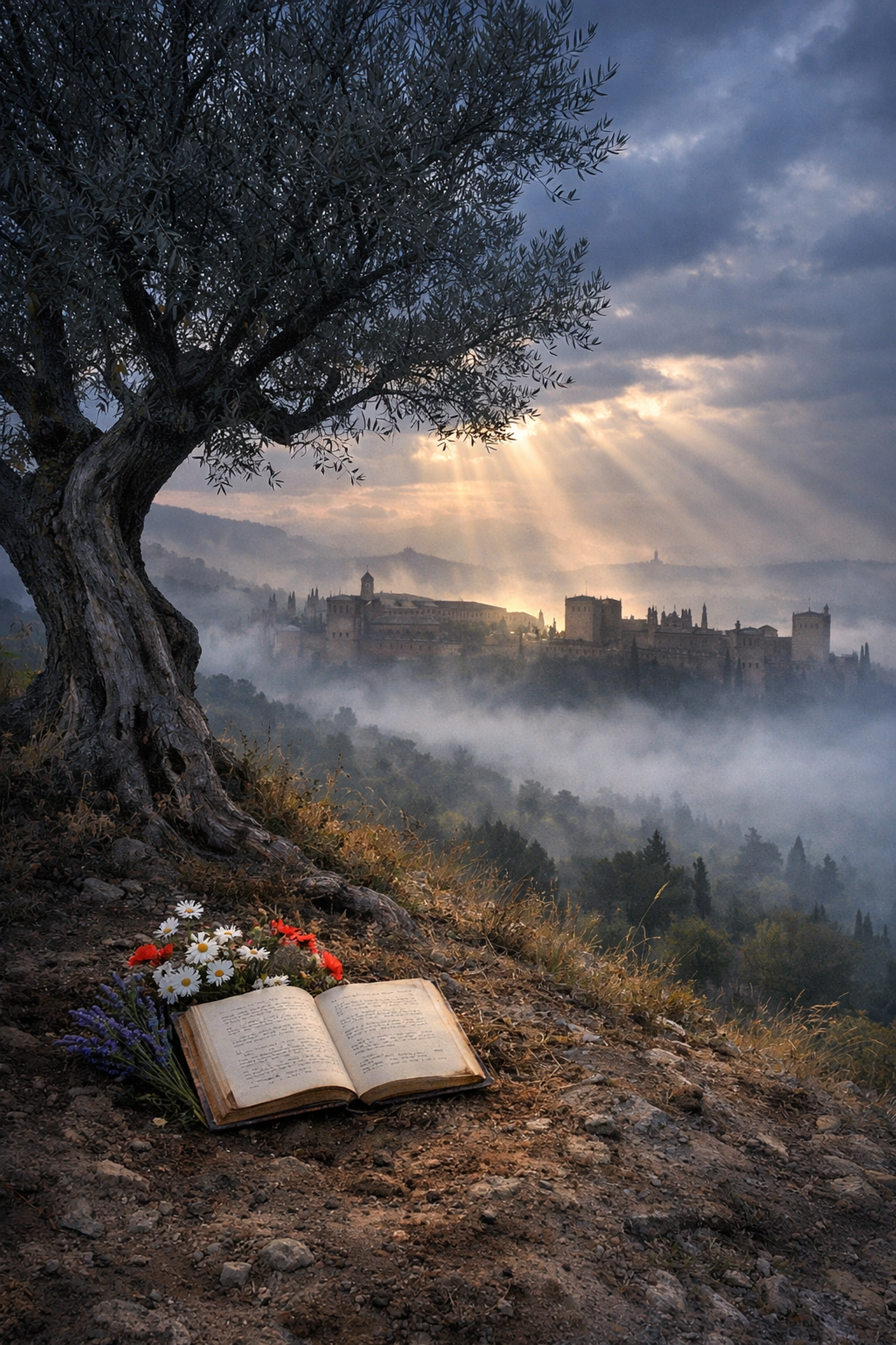 Memorial to Federico García Lorca near Granada with Alhambra palace in background at dawn