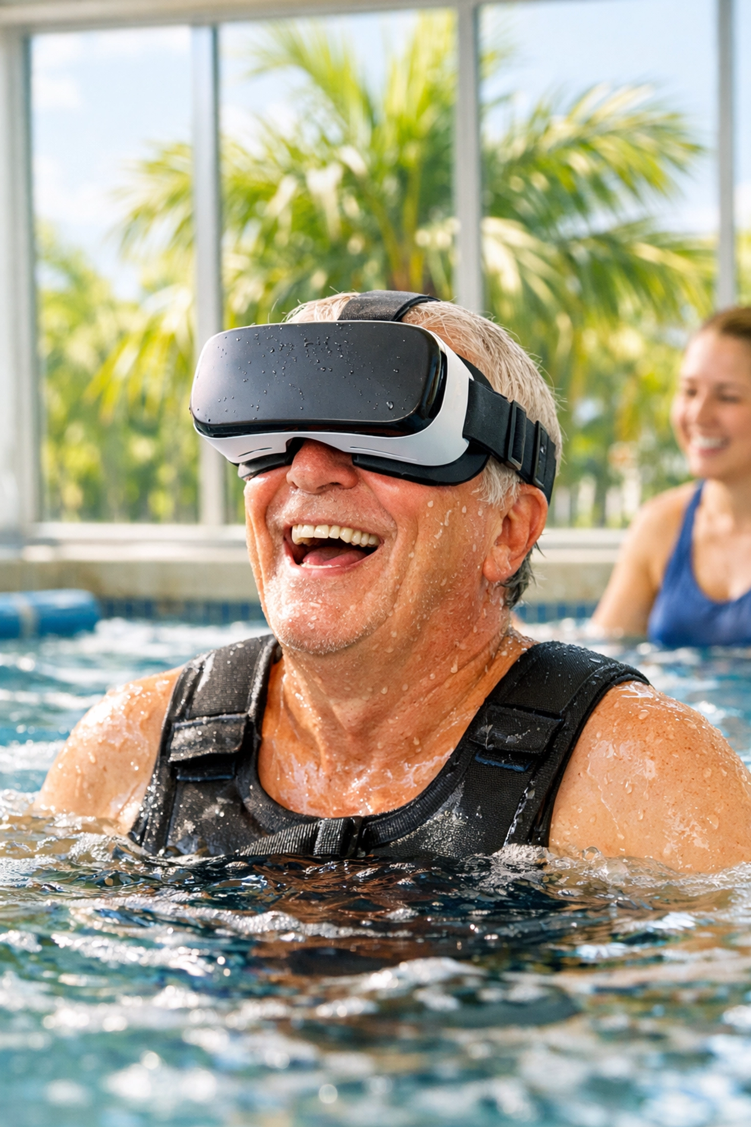 Smiling patient using VR for physical therapy in a heated Venice FL aquatic rehabilitation pool.