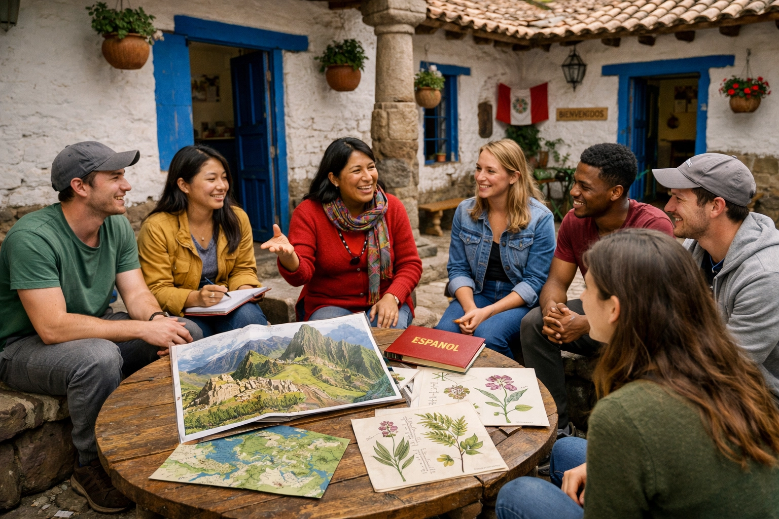 Students practicing Spanish with a local instructor in a Cusco courtyard during a Peru language immersion trip.