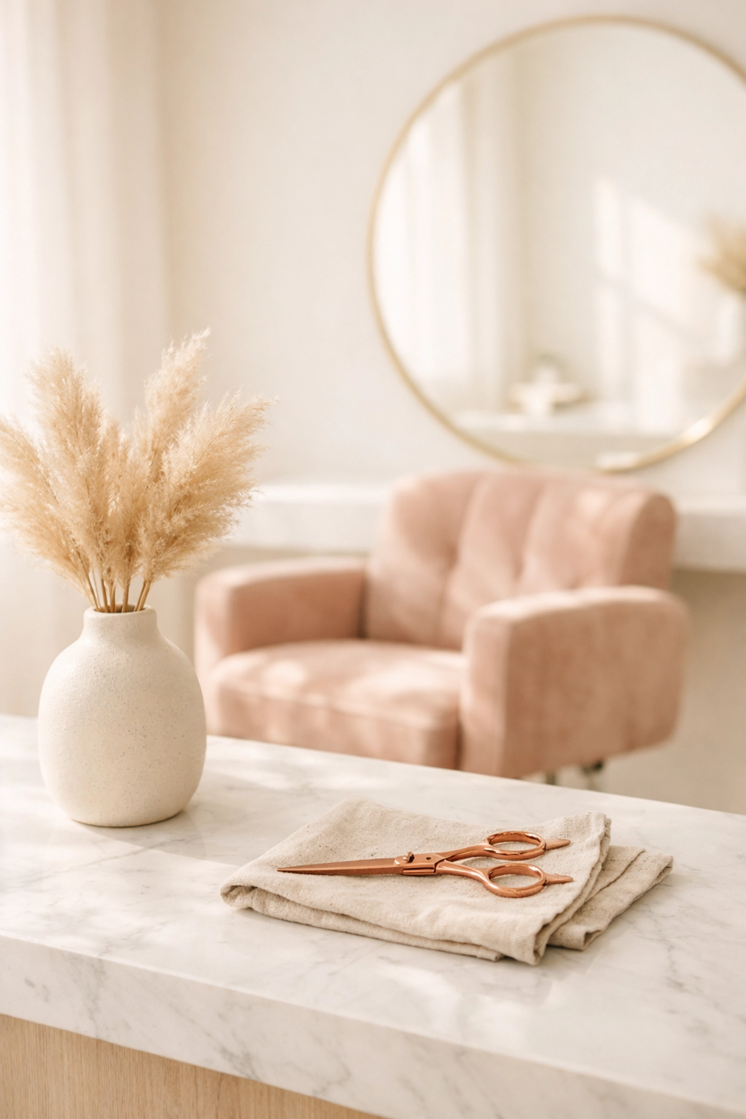 Minimalist salon styling station with rose-gold shears, symbolizing a stable salon subscription model.