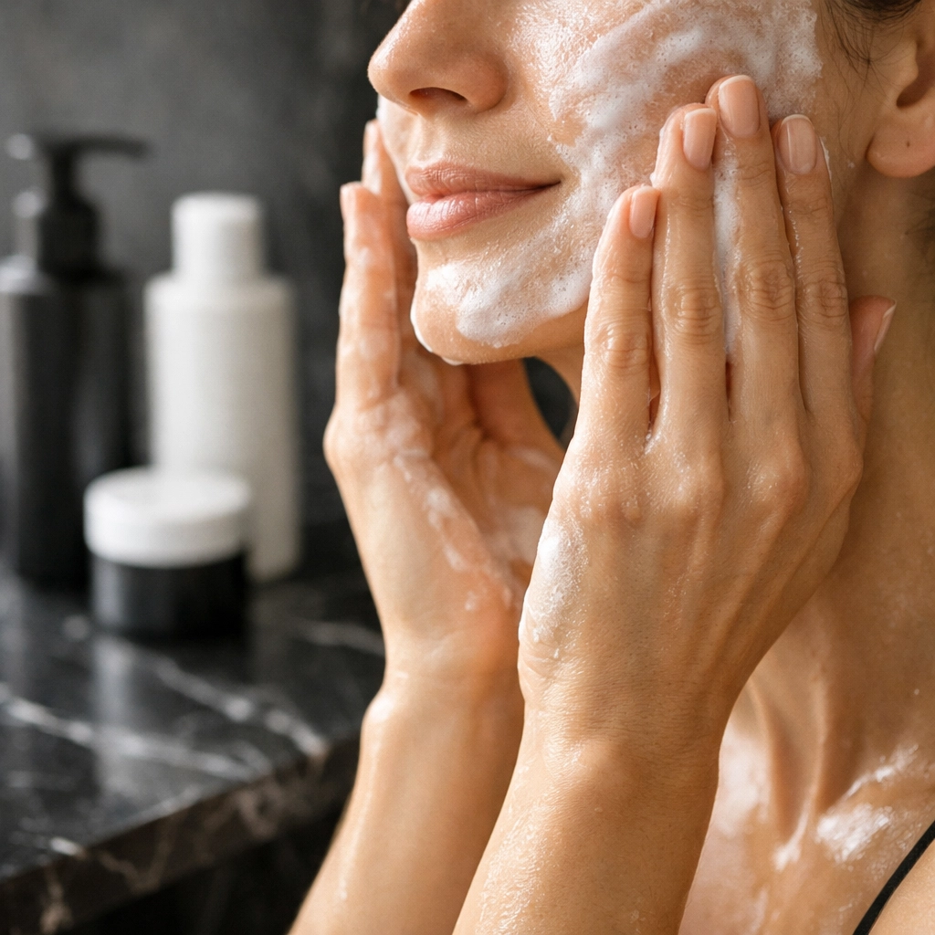 Woman applying natural willow bark cleanser for acne-prone skin