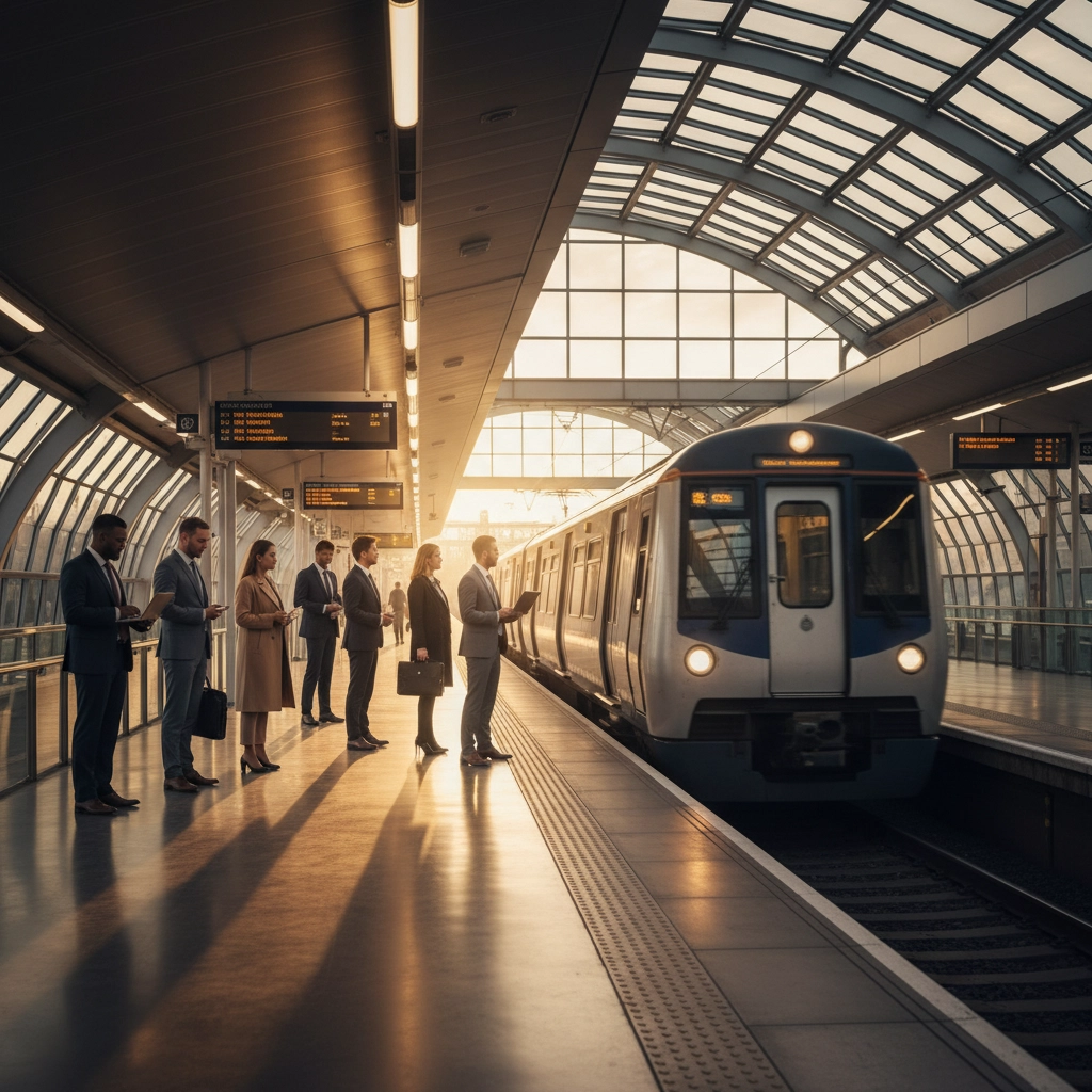 Commuters in suits wait at a sunlit train station platform as a train arrives. The glass roof reflects warm, golden tones.