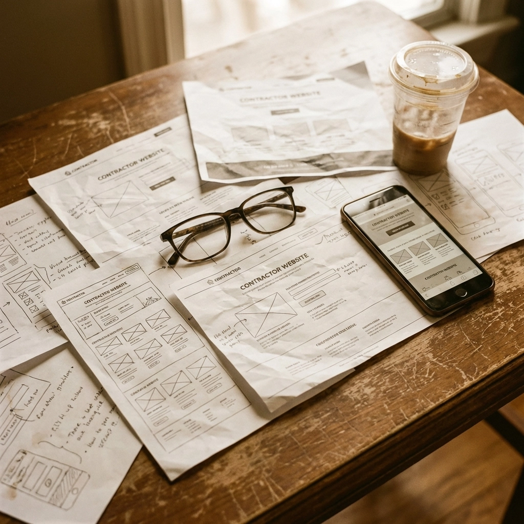 Overhead view of cluttered contractor website layouts and papers on a messy work desk