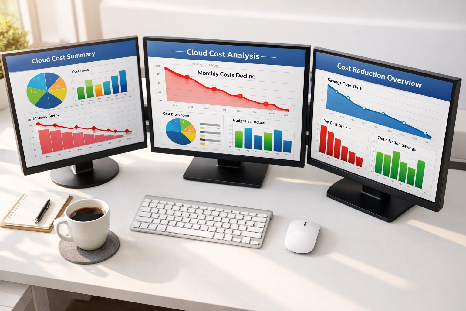 ServiceNow ITOM cloud cost analytics dashboard showing downward trending graphs and cost reduction metrics