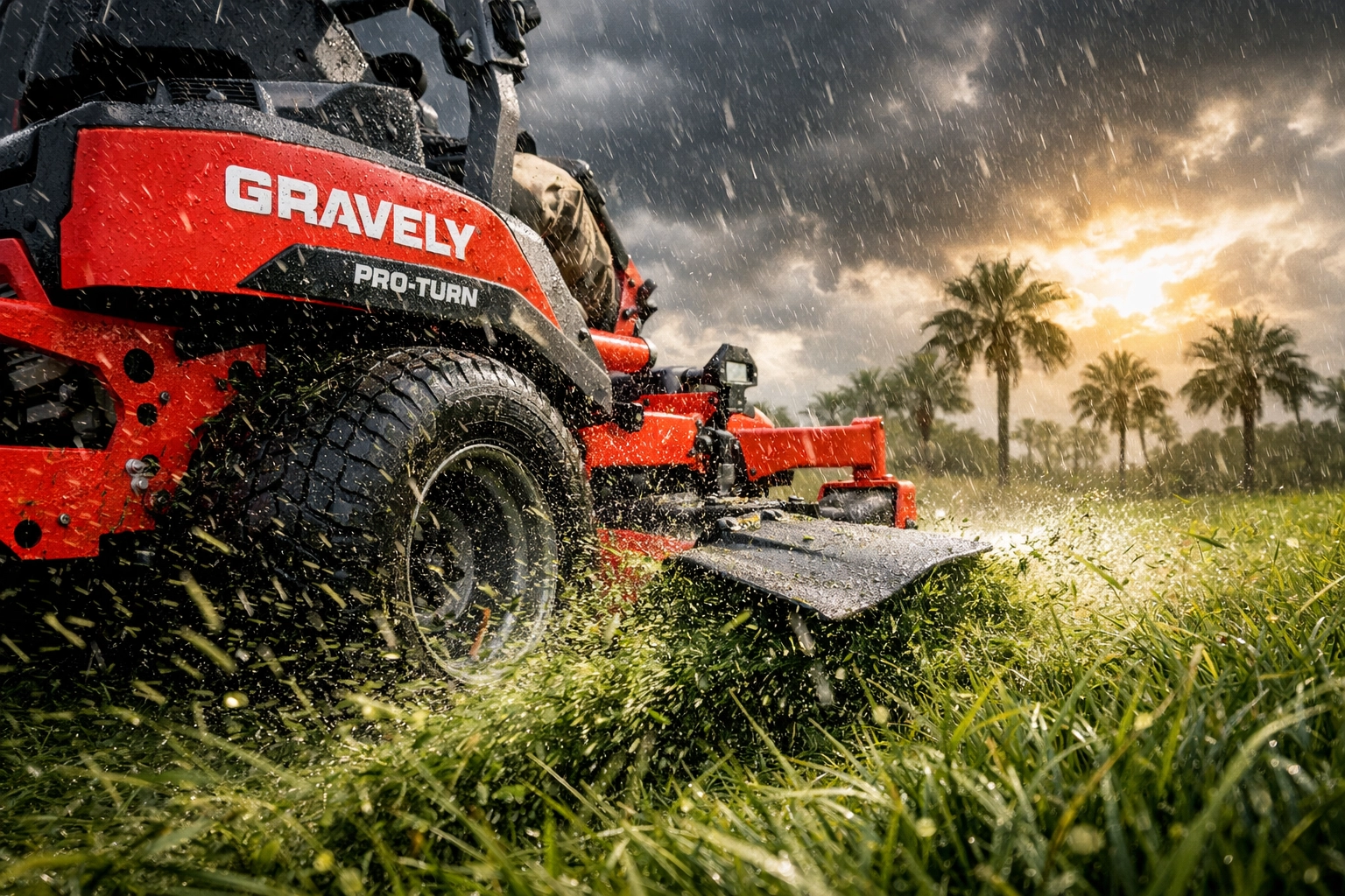 Gravely Pro-Turn zero-turn mower cutting wet grass in Florida rain conditions