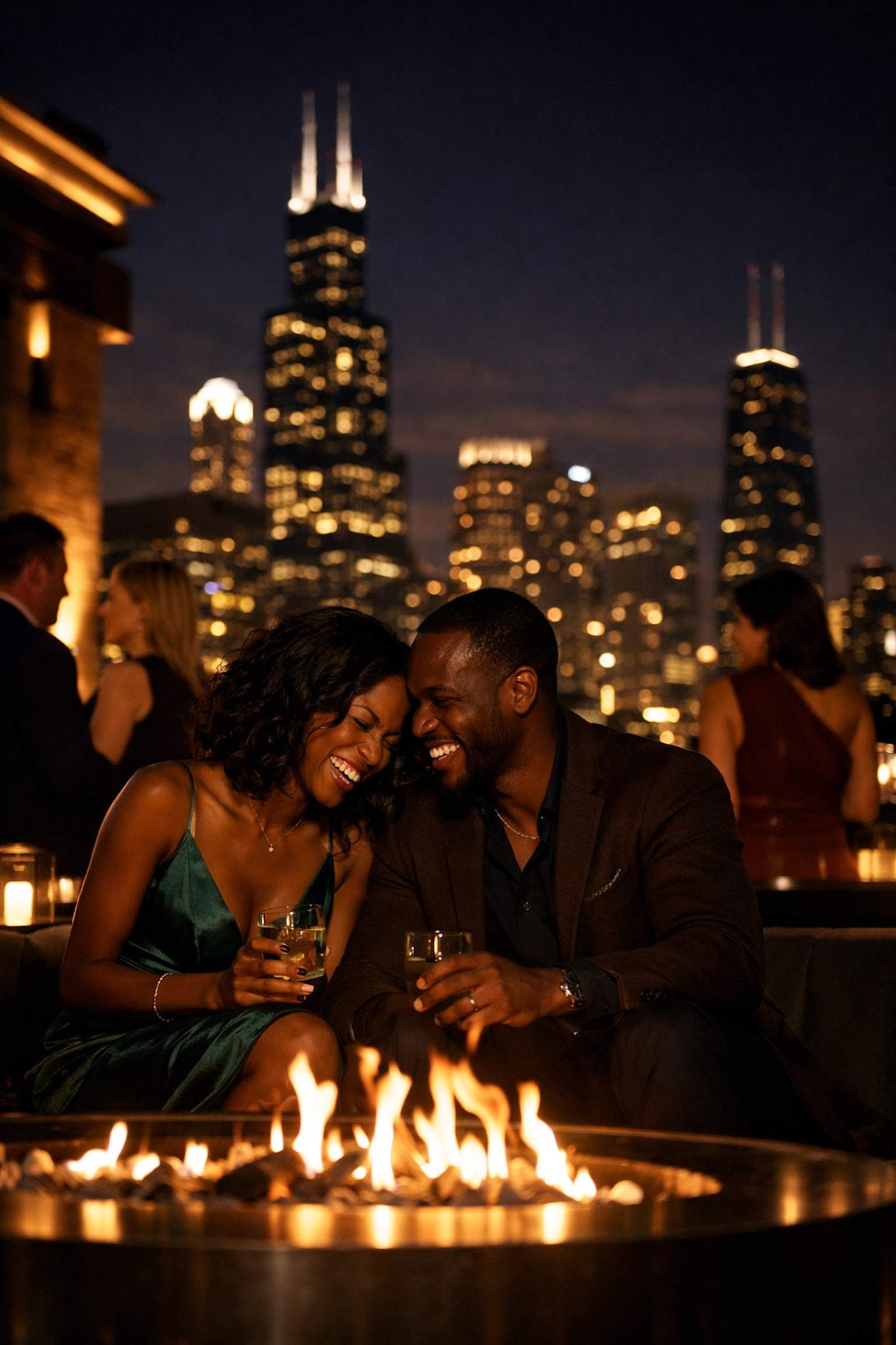 Guests enjoying a luxury rooftop social gathering with the illuminated Chicago skyline at night.