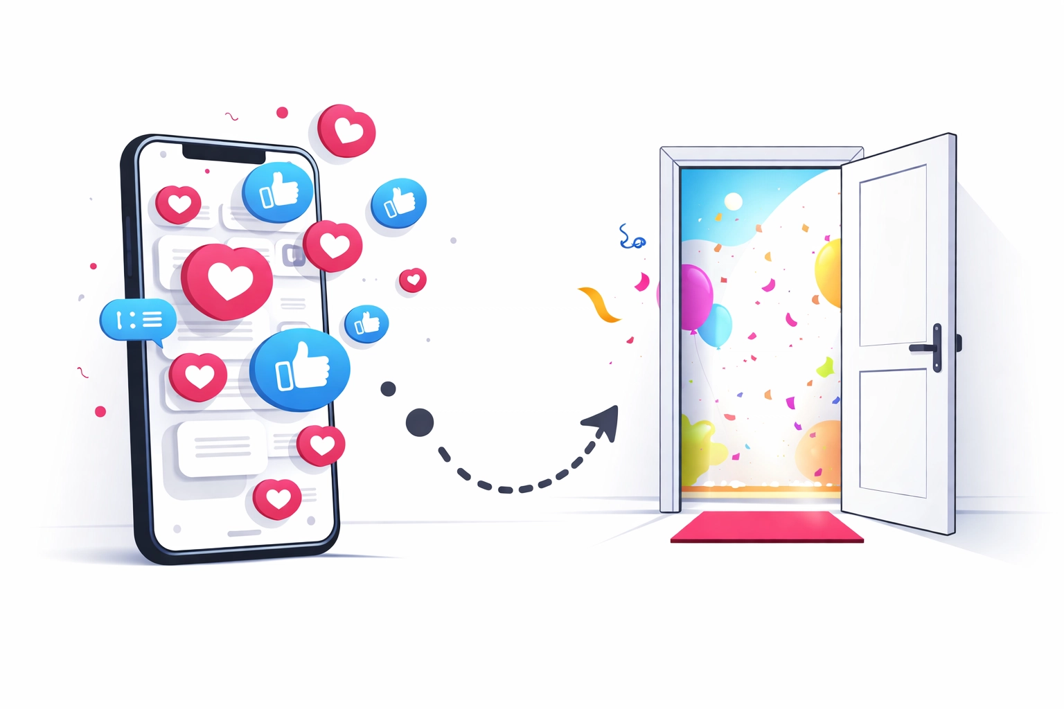 Social media engagement icons leading to a lead generation website destination