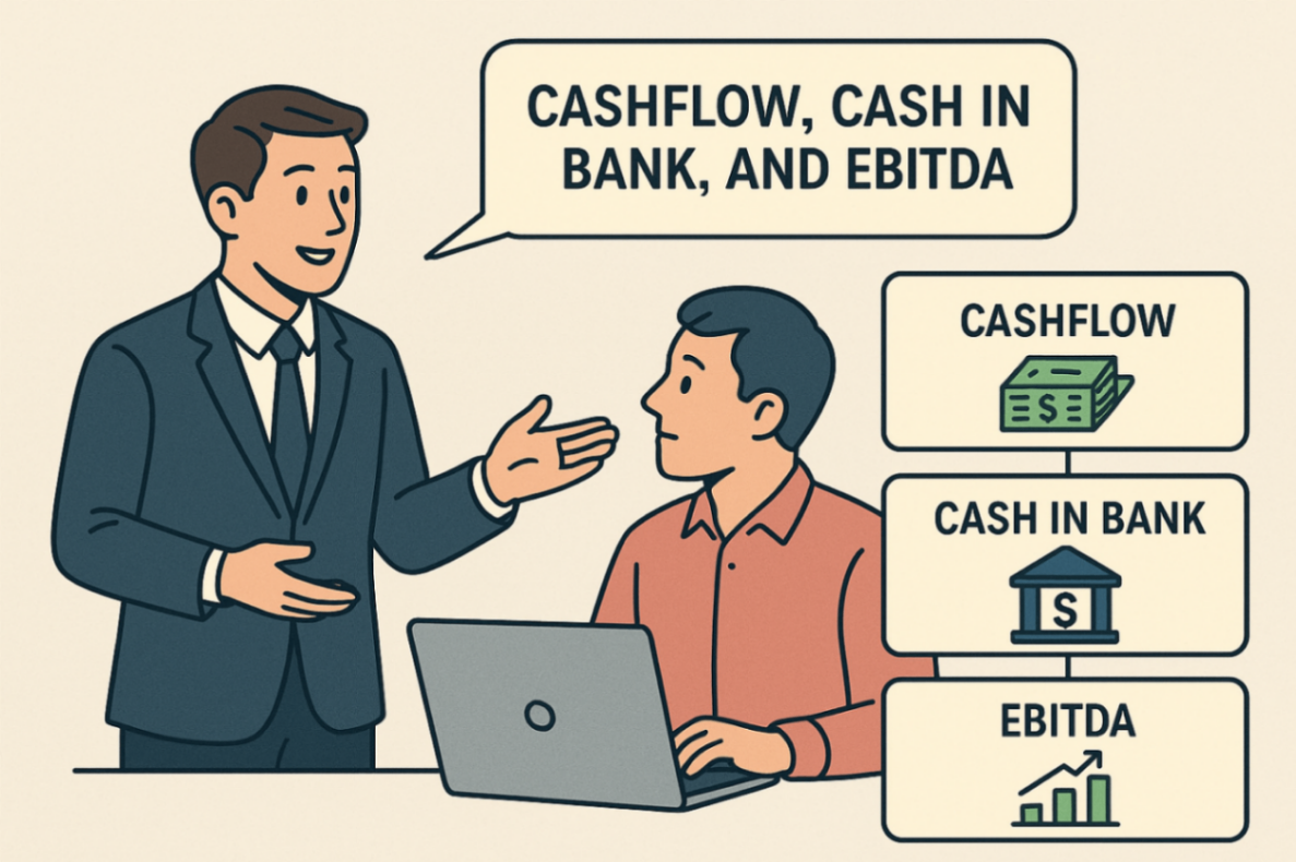 A business consultant in a suit explains key financial metrics