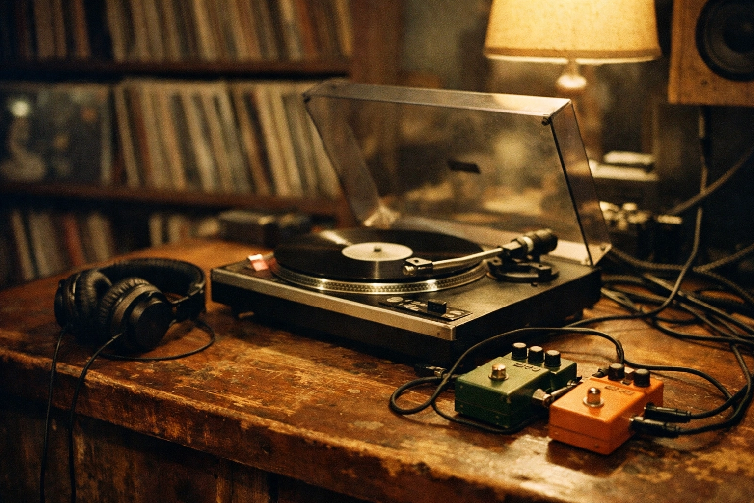 A cozy record-store listening corner with a turntable, headphones, and a couple of pedals on a scuffed wooden counter