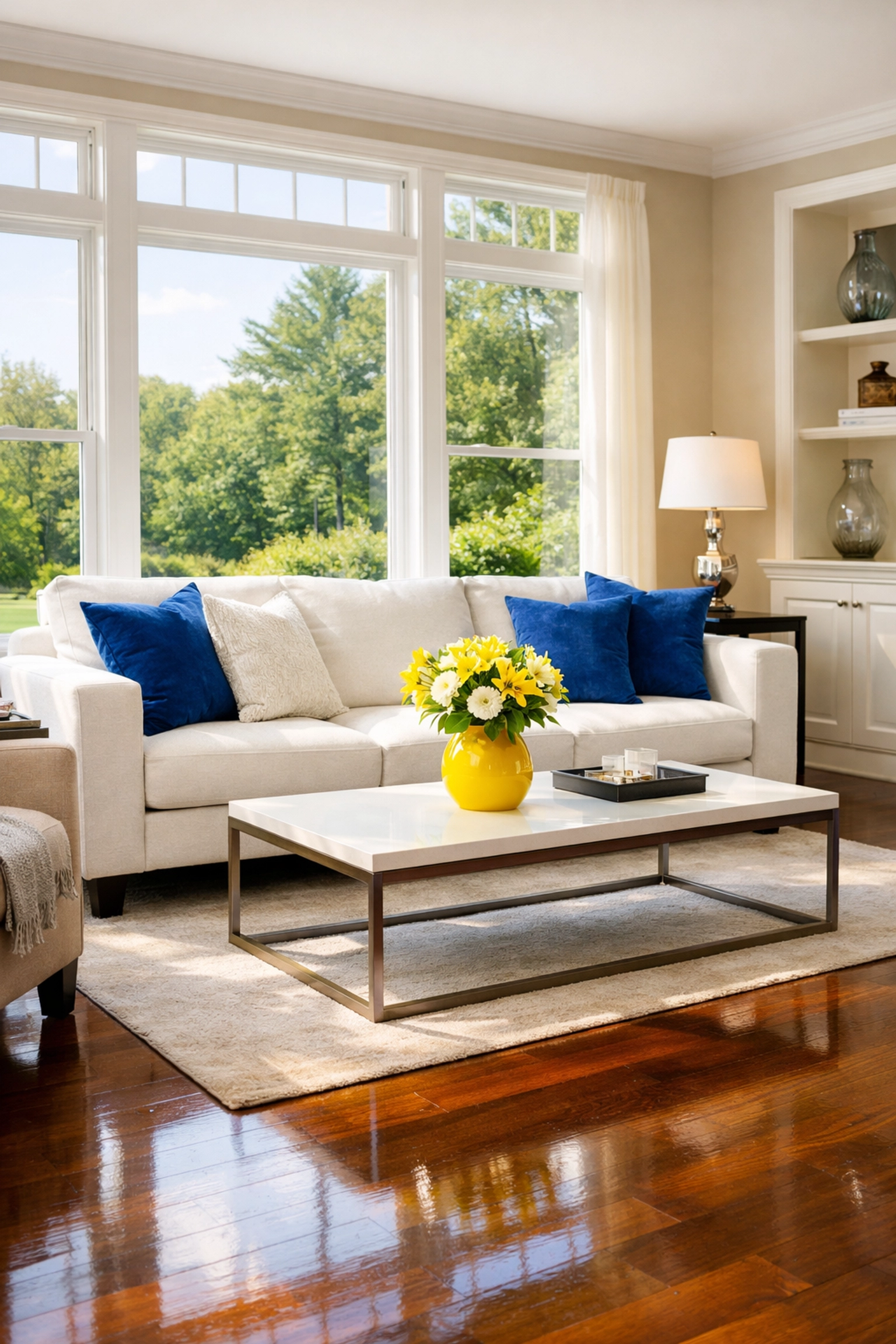 Sun-drenched living room with polished hardwood floors after professional House Cleaning Pepperell MA.