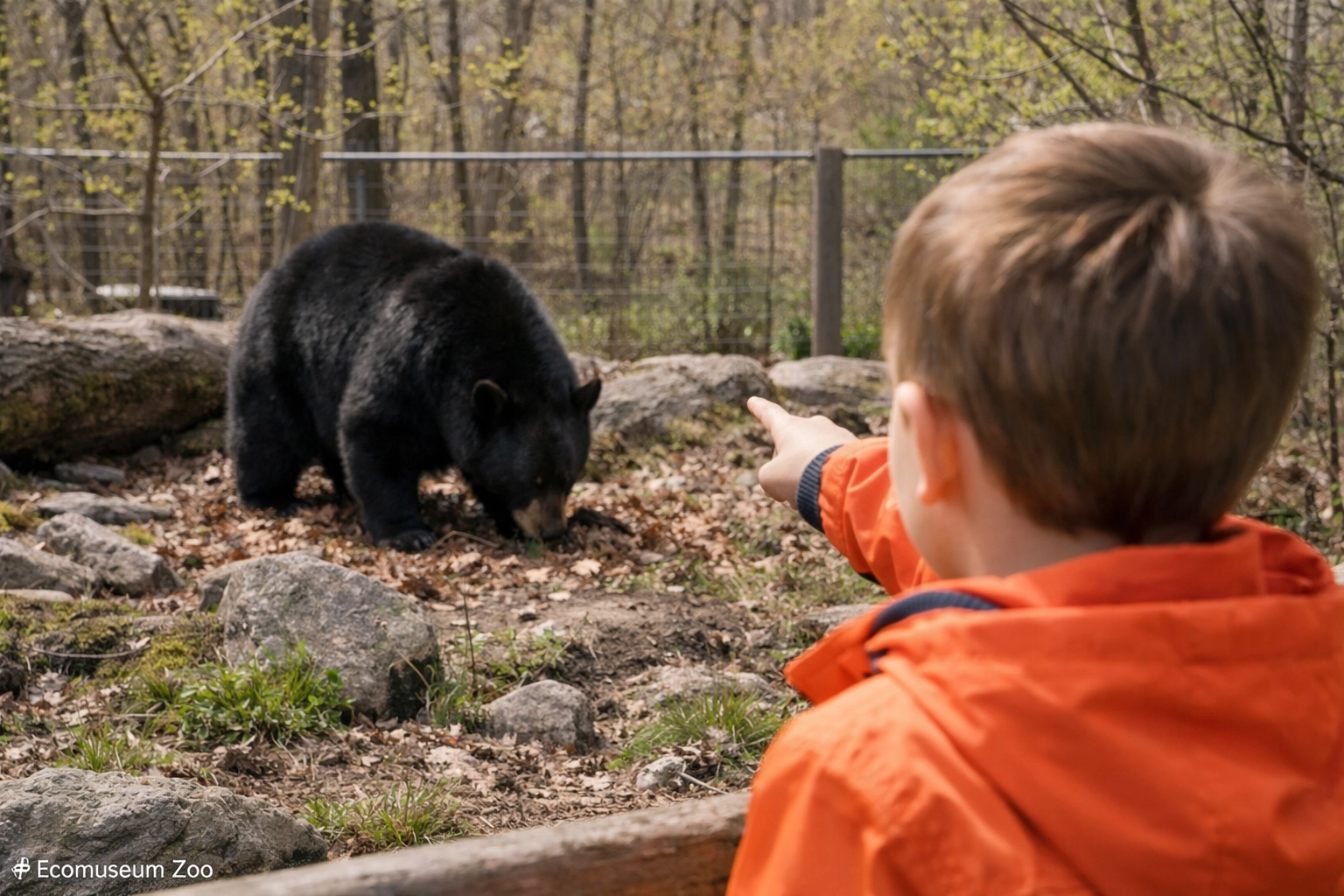 A young boy watching a black bear at the Ecomuseum Zoo, a popular Montreal family destination.