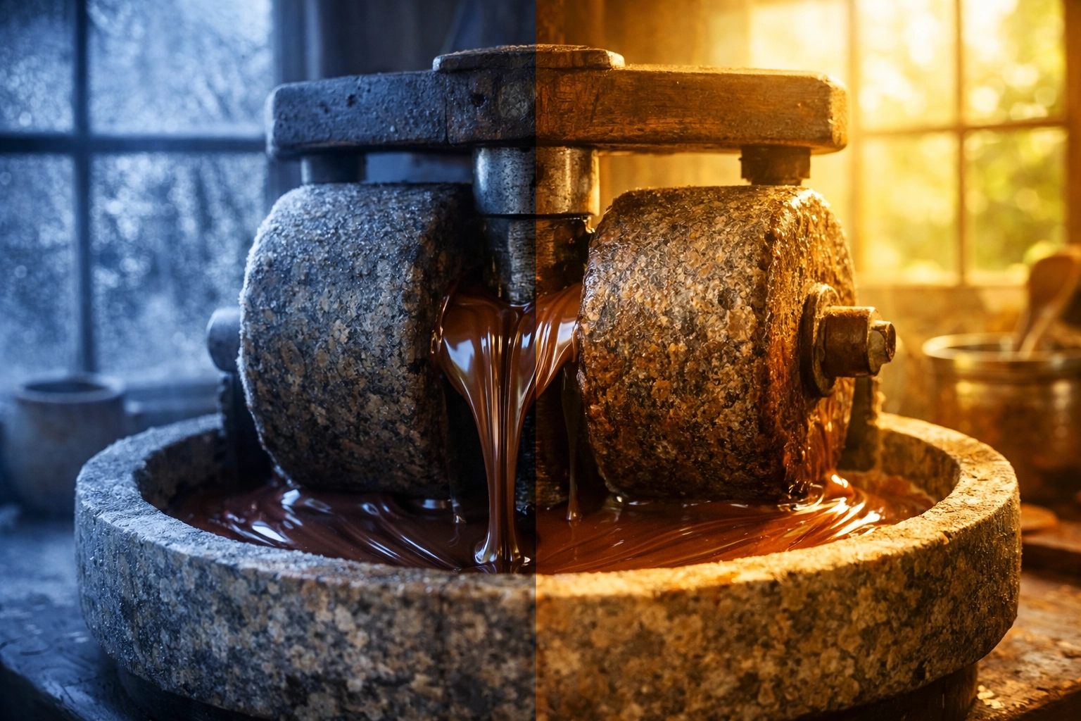 Stone grinder temperature comparison showing winter and summer grinding conditions