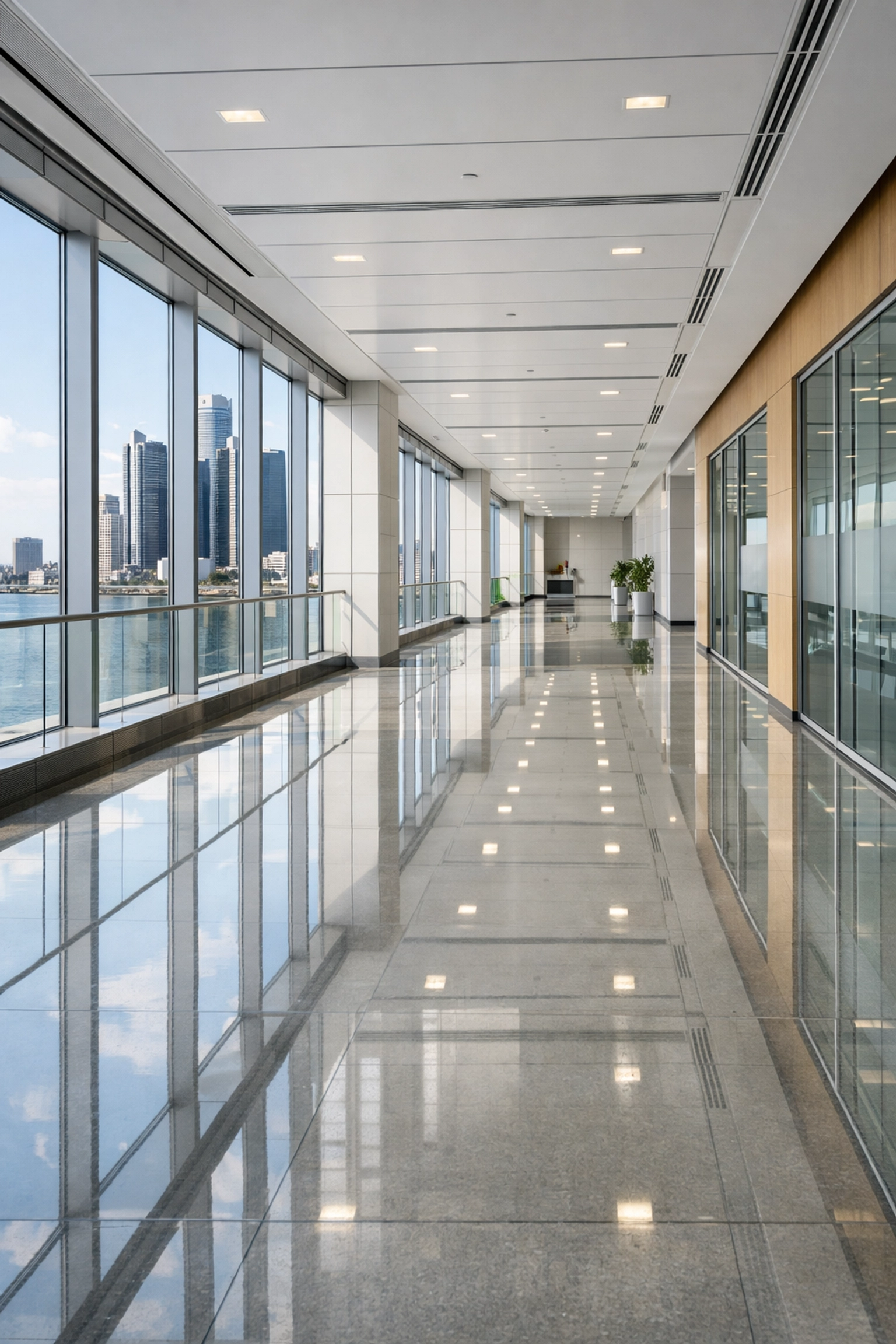 Polished corridor floors in a Detroit office building, reflecting expert commercial janitorial maintenance.