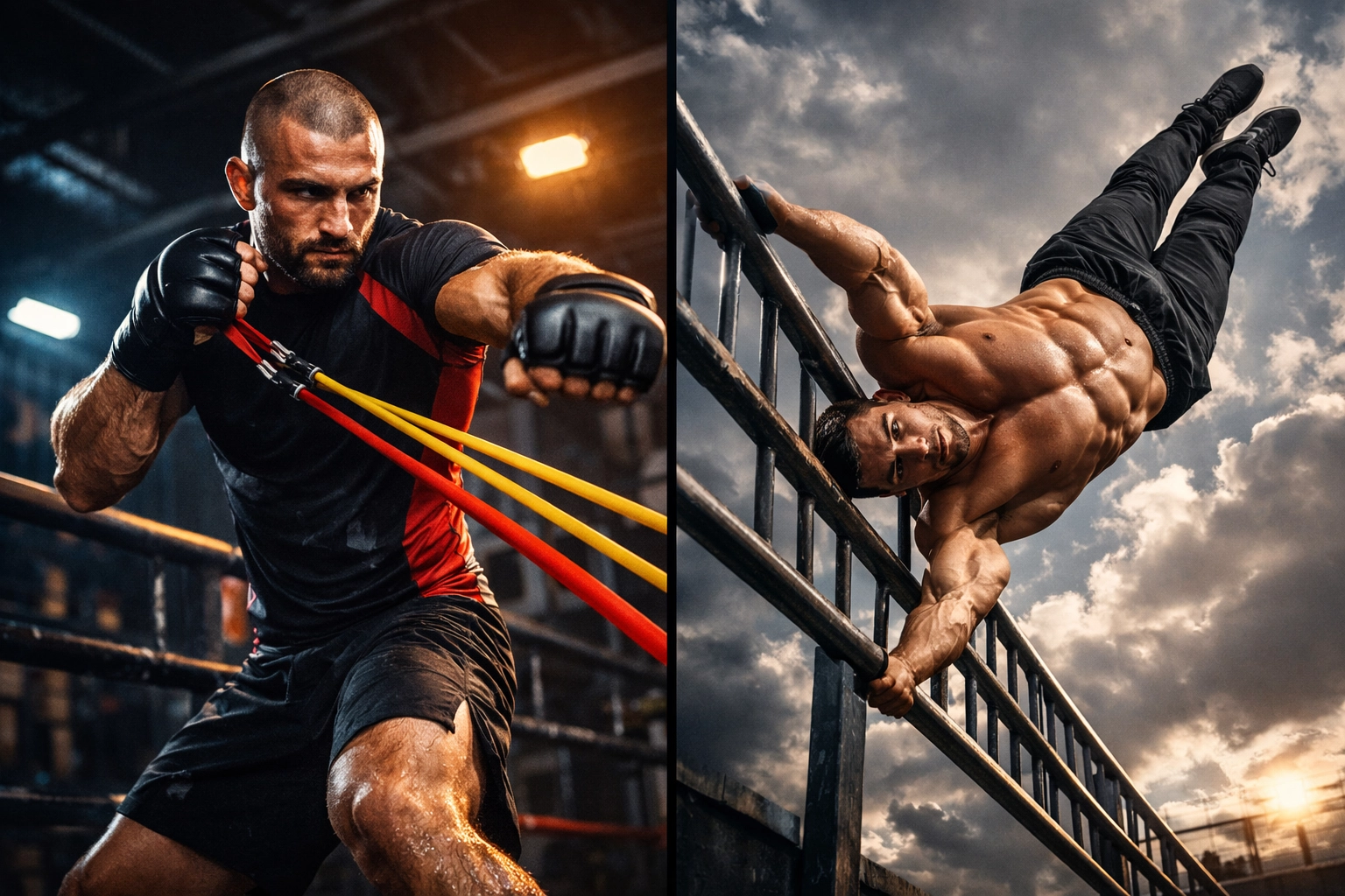 MMA and calisthenics athletes using the versatile Resistance Rail for bodyweight training and resistance exercises.