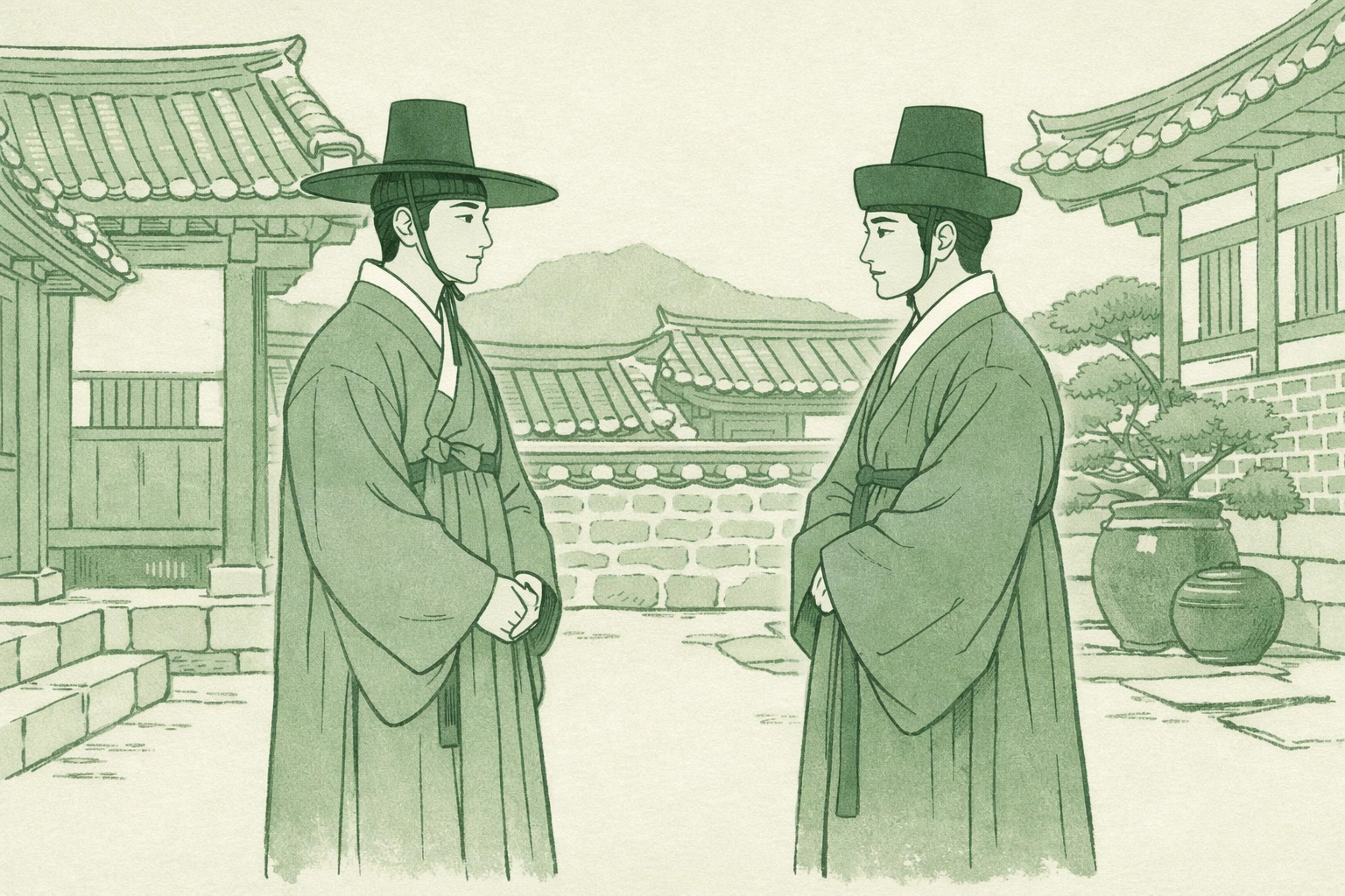 Two Korean men in traditional hanbok sharing forbidden love in historic Seoul village setting