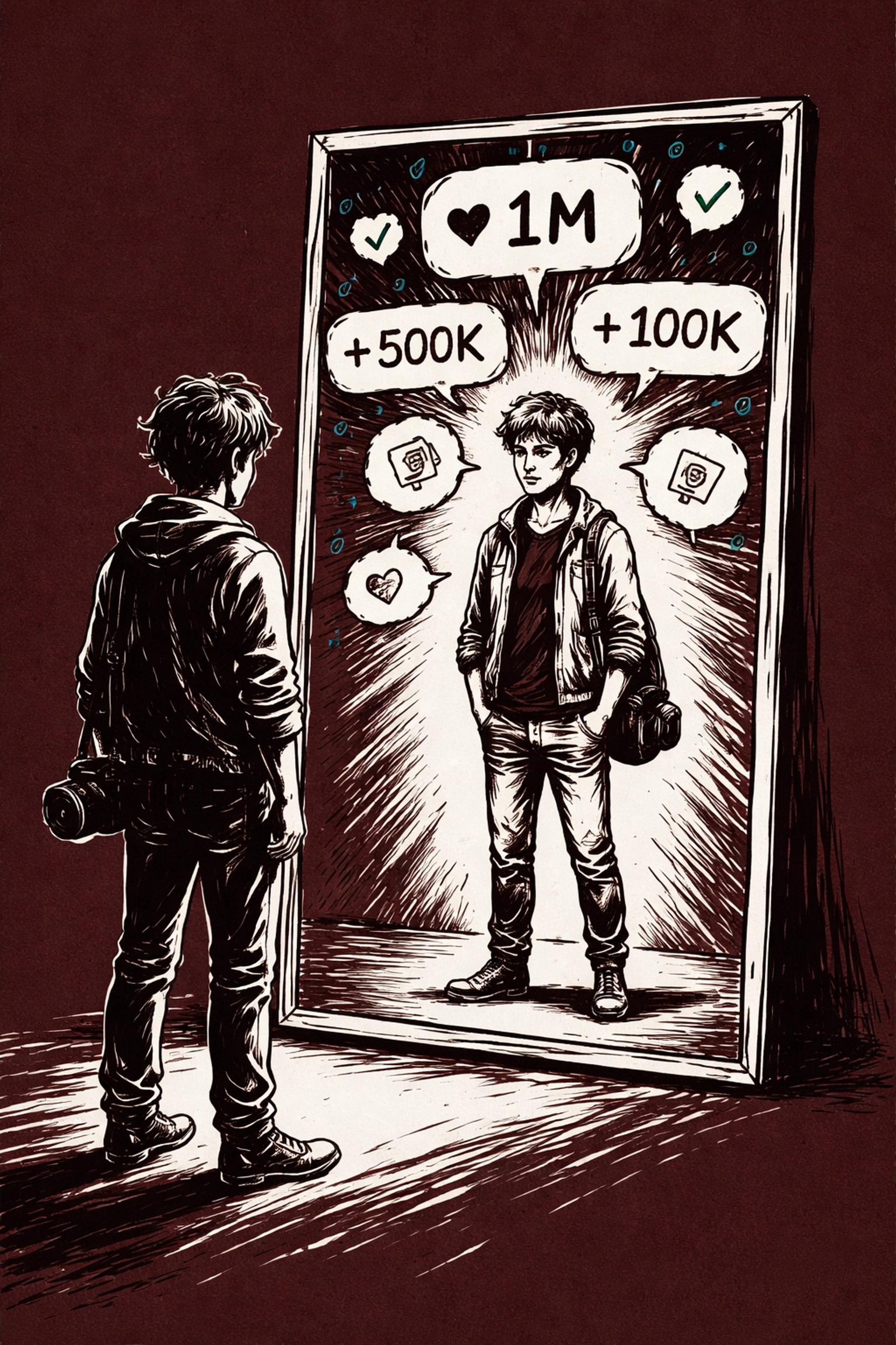 A creative professional facing a mirror reflecting inflated follower counts and fake badges, questioning vanity metrics in creator portfolios.