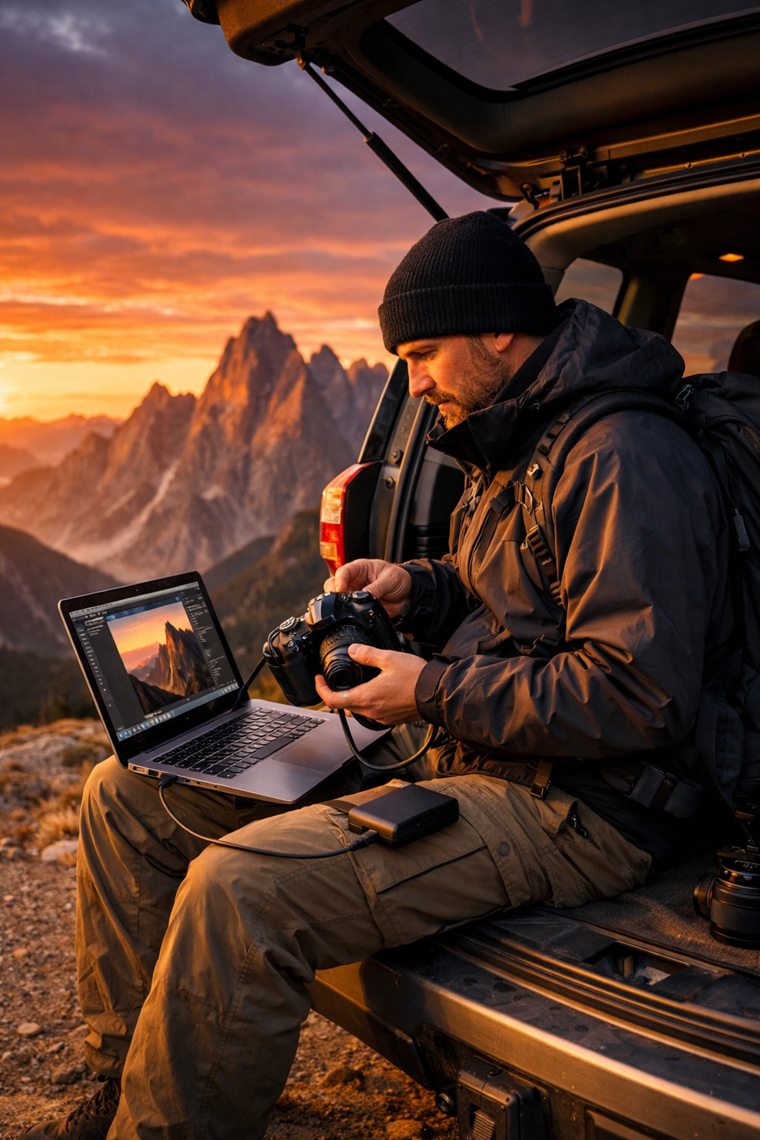 Professional photographer using a laptop at a mountain overlook for an efficient on-location workflow.
