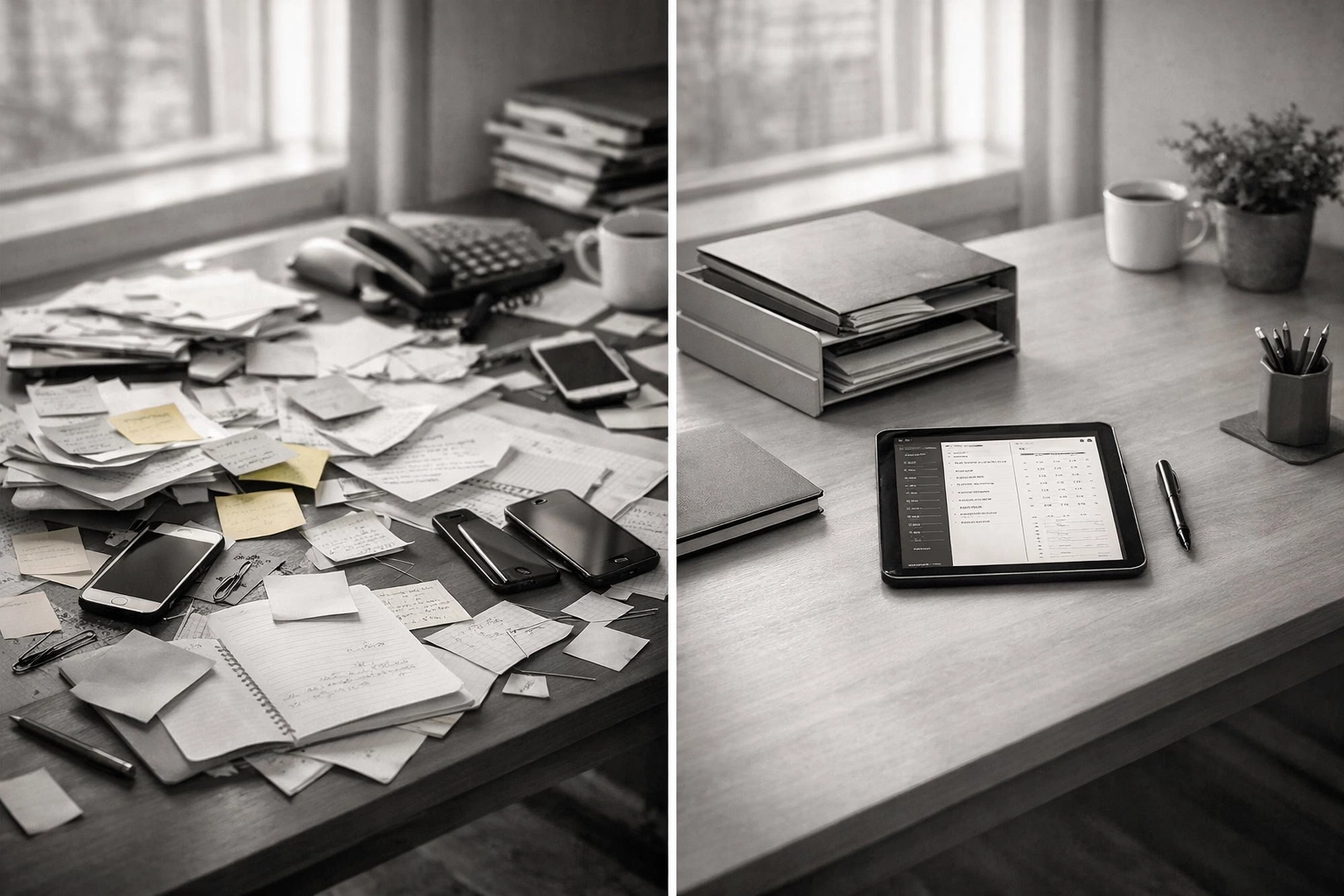 Before and after comparison of cluttered desk versus organized contractor workspace with tablet