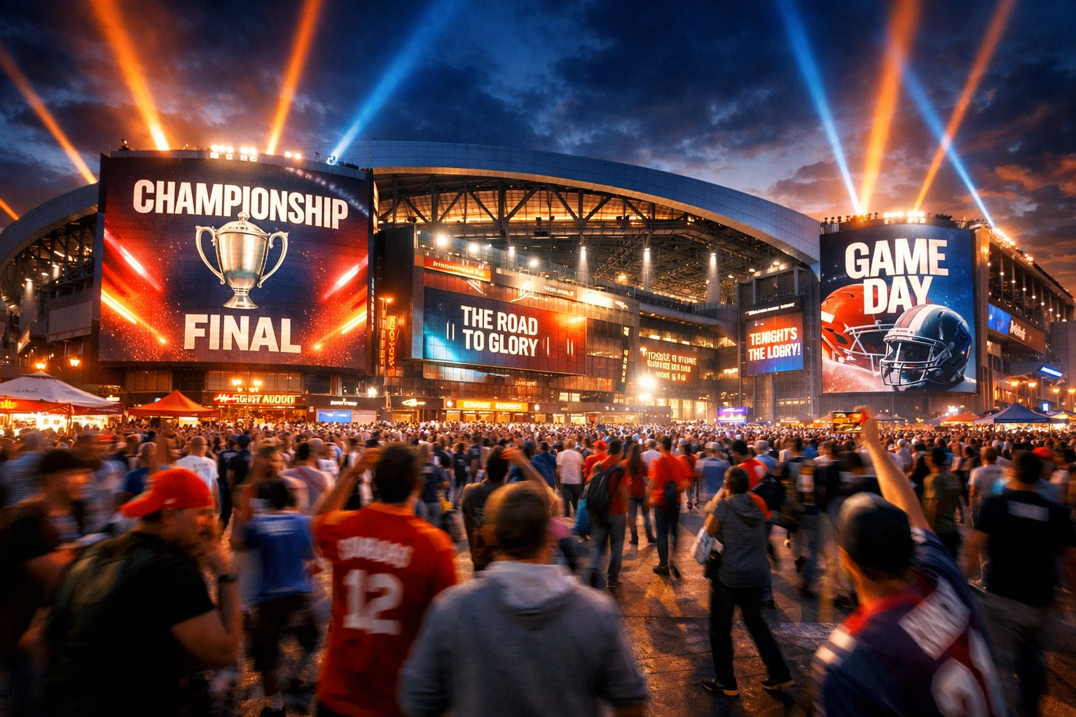 Excited fans at a sports stadium illuminated by large digital billboards for the Super Bowl 2026 Blitz.