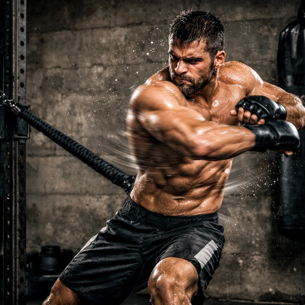 Athlete using a heavy-duty resistance band for rotational power and full body functional training.