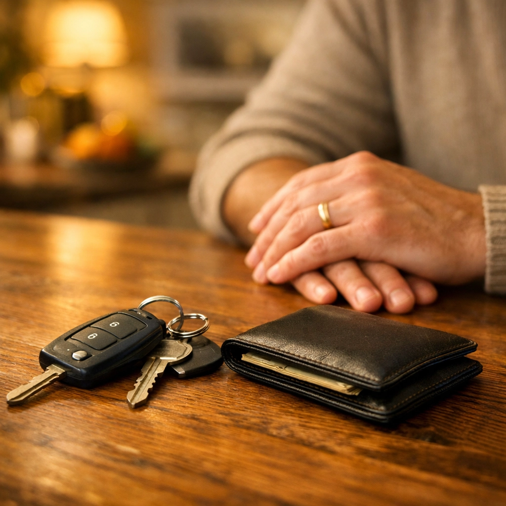 Close-up of car keys and wallet illustrating relief after getting a bad credit loan Canada.