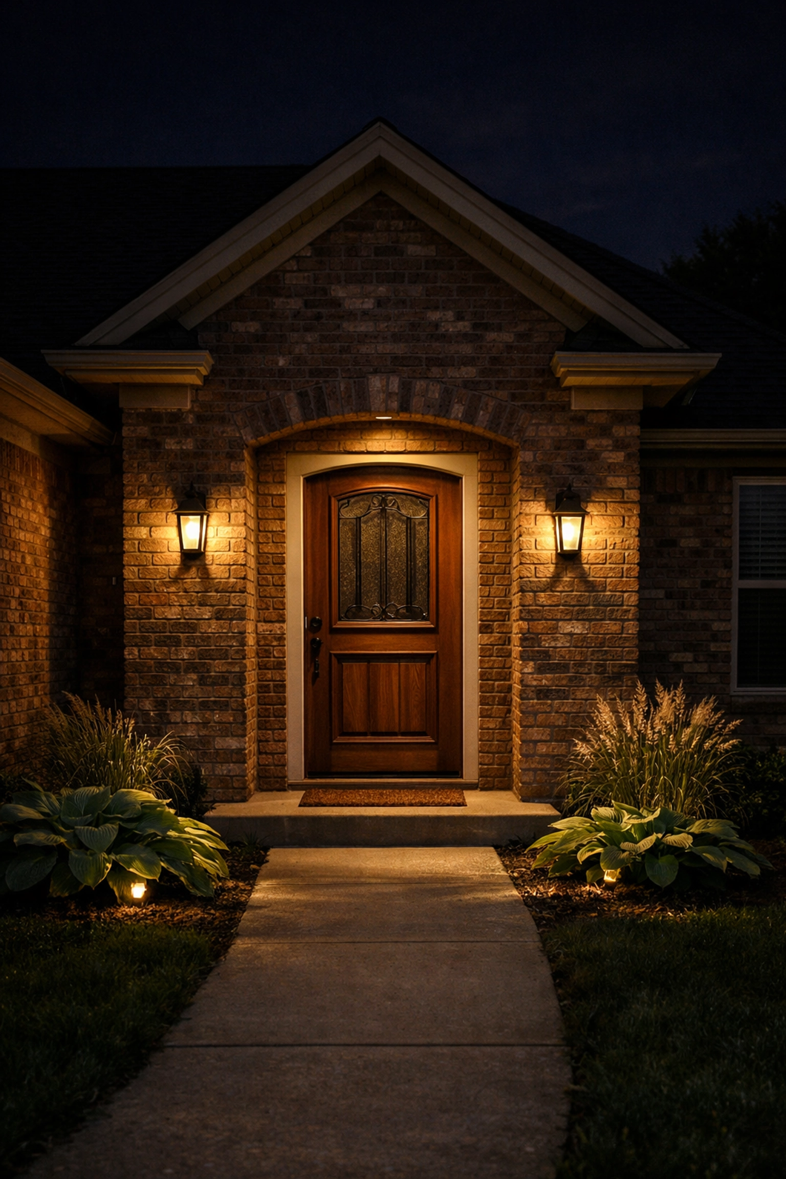 Warm landscape lighting illuminating brick home entrance in Lexington Kentucky at night