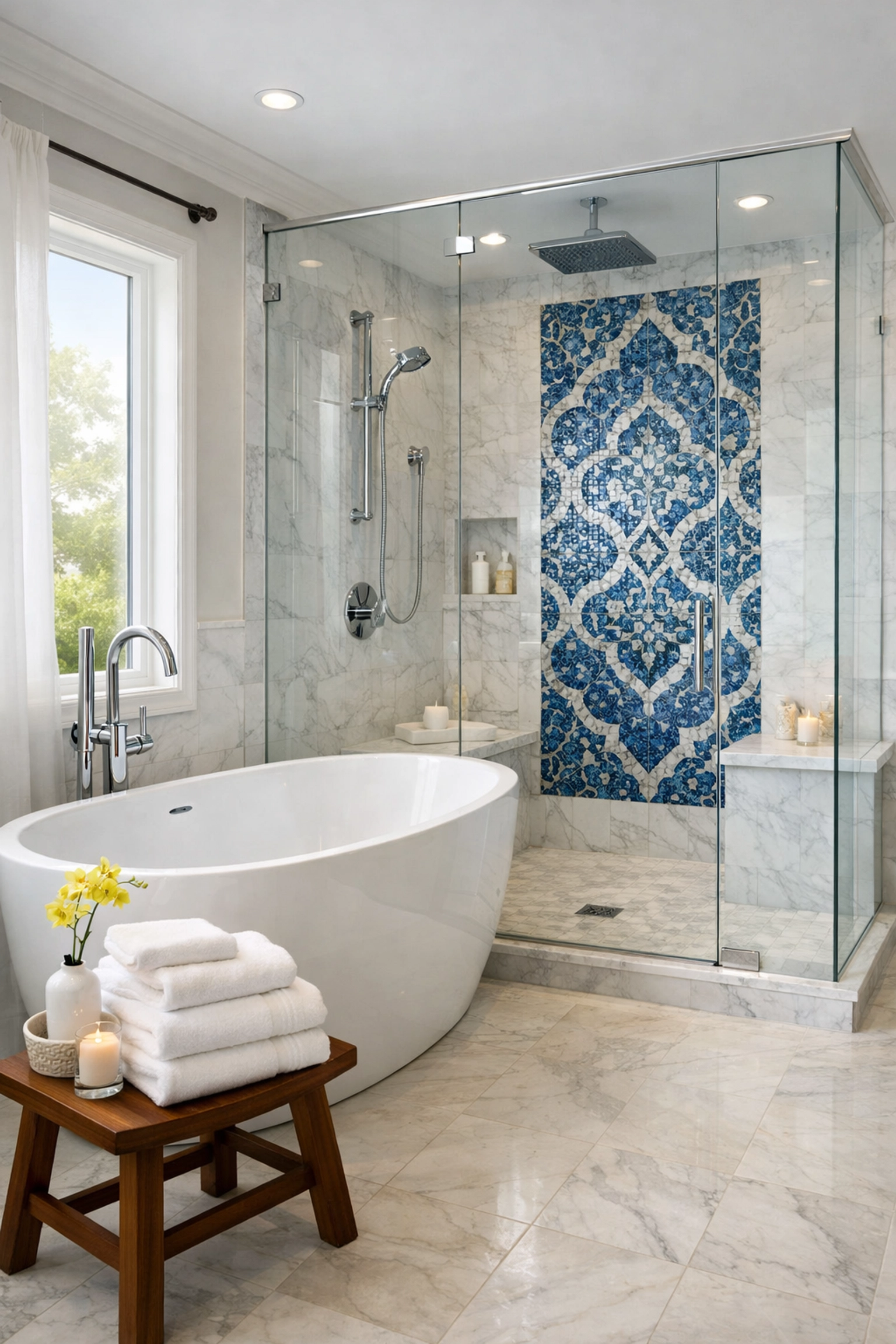 Clean spa-like bathroom with blue tile from top-tier weekly house cleaning Hingham MA services.