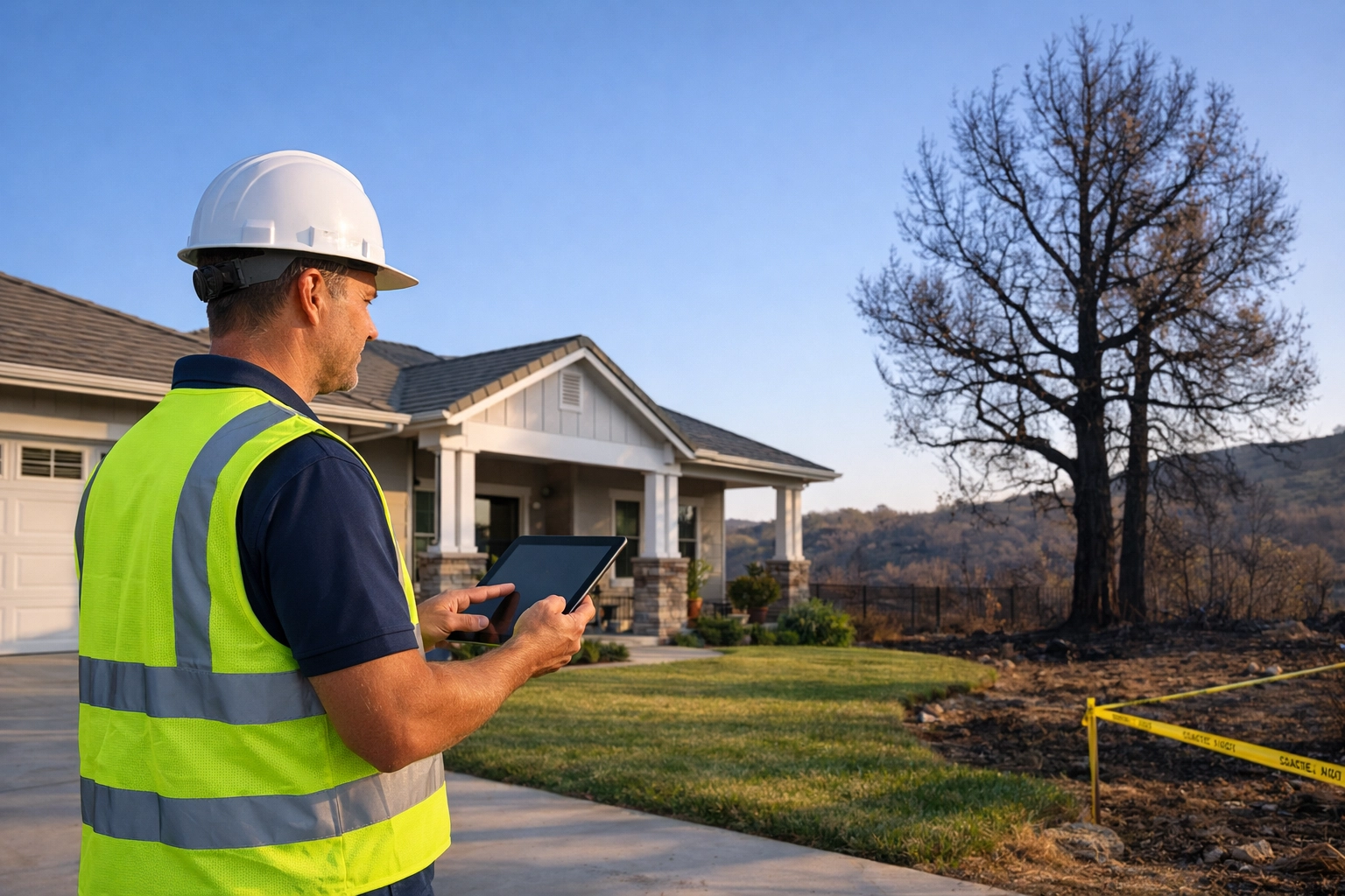 Restoration expert assessing a home for property insurance recovery after a wildfire.