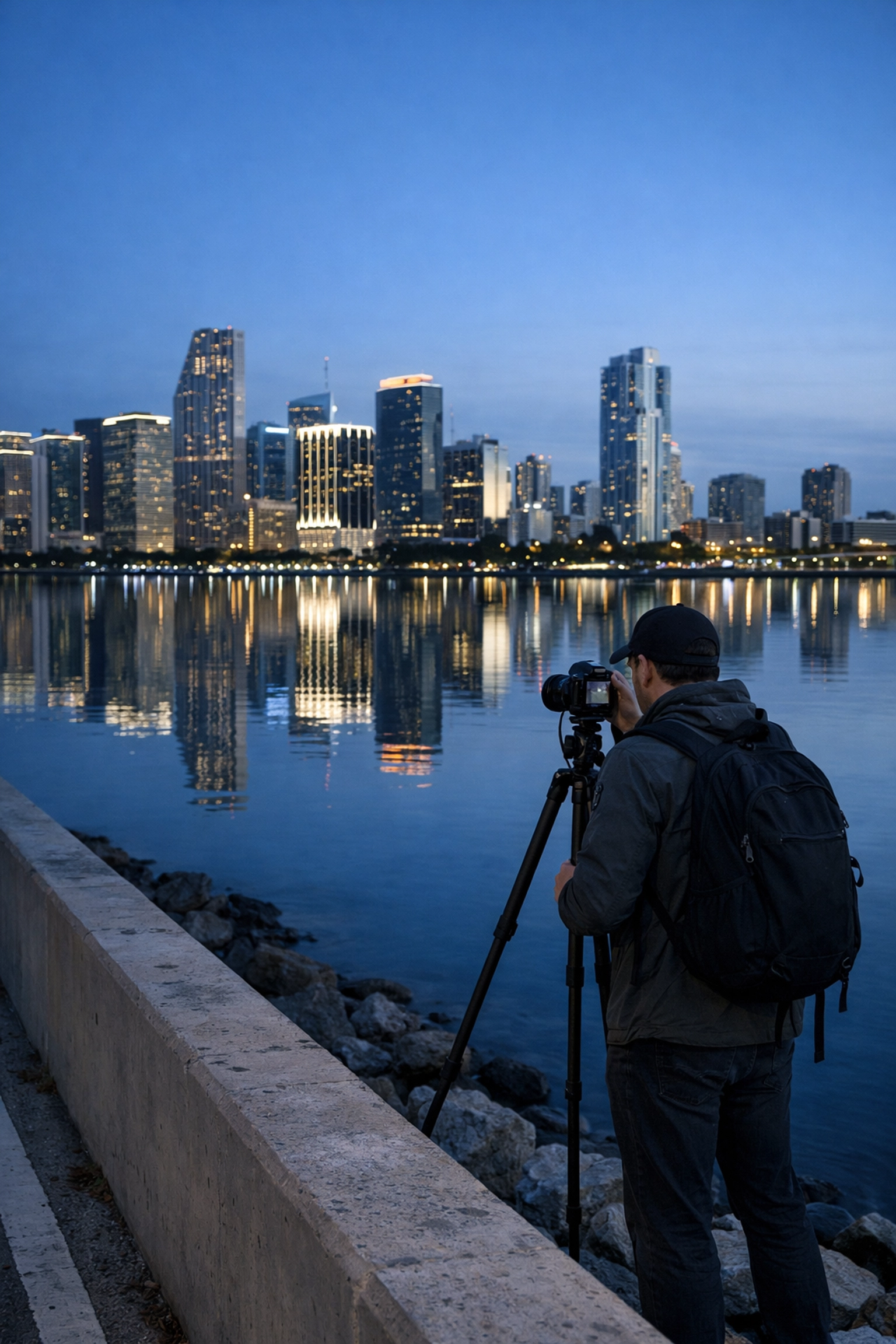 Photographer capturing the Downtown Miami skyline and Biscayne Bay from the MacArthur Causeway during blue hour.