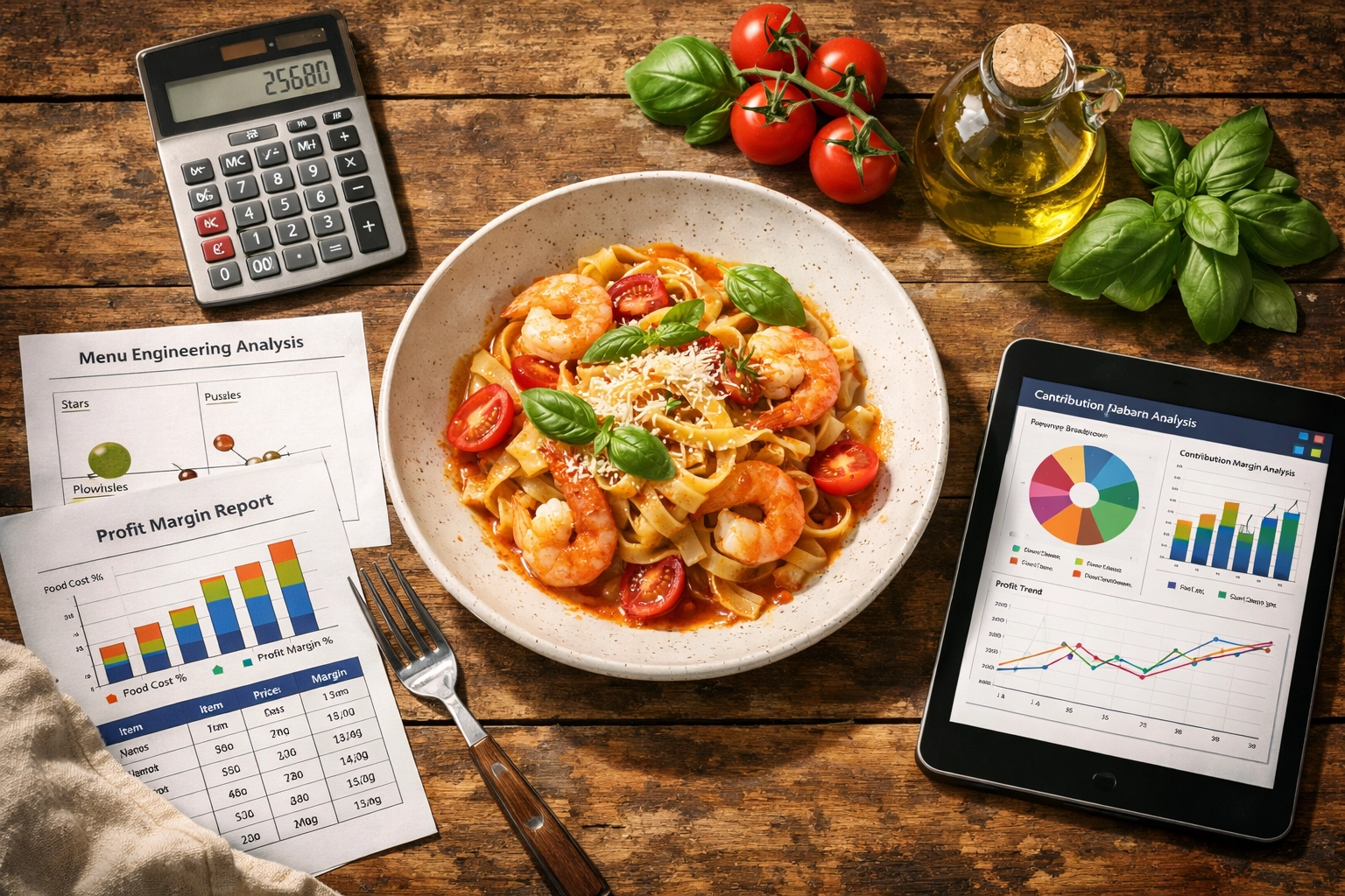 Plated pasta dish with menu engineering charts and profit margin analysis tools for restaurant pricing