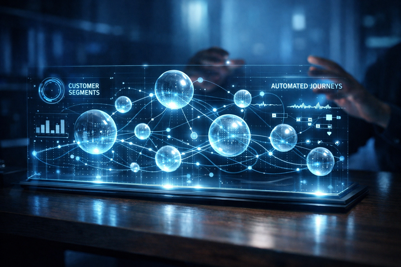 Interactive data visualization showing customer segments and automated email marketing journeys.