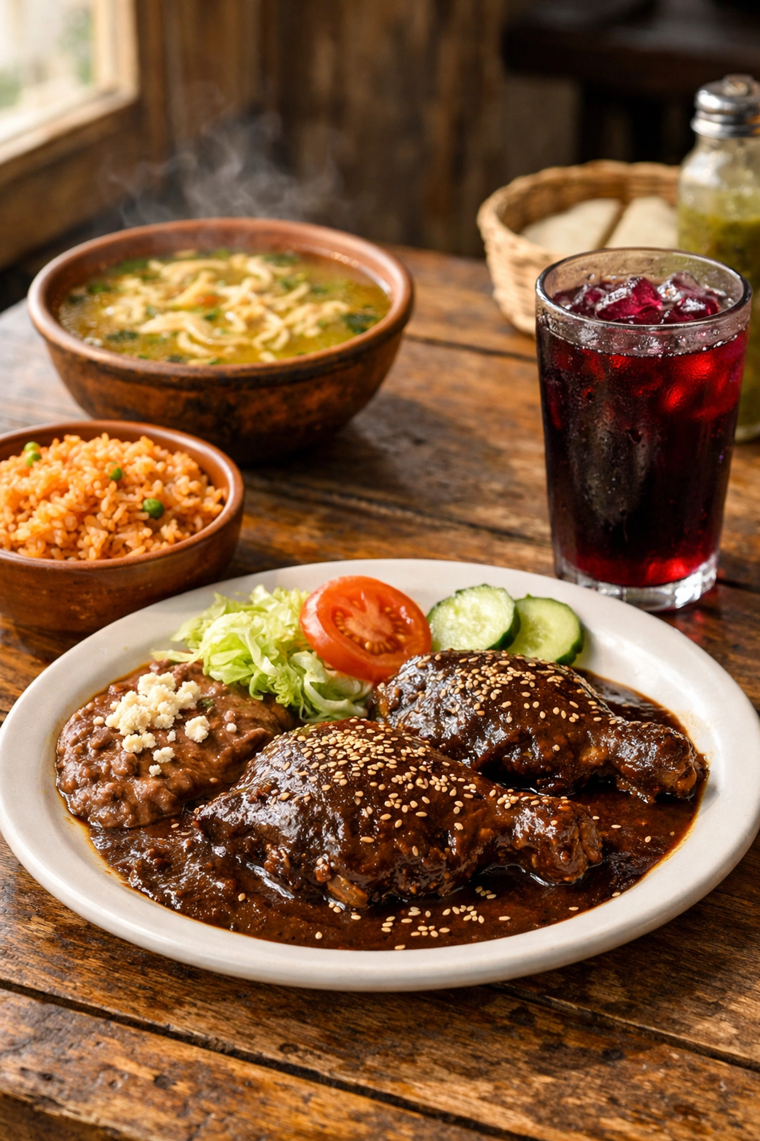 Traditional menu del dia at a local fonda, featuring chicken mole and hibiscus water.