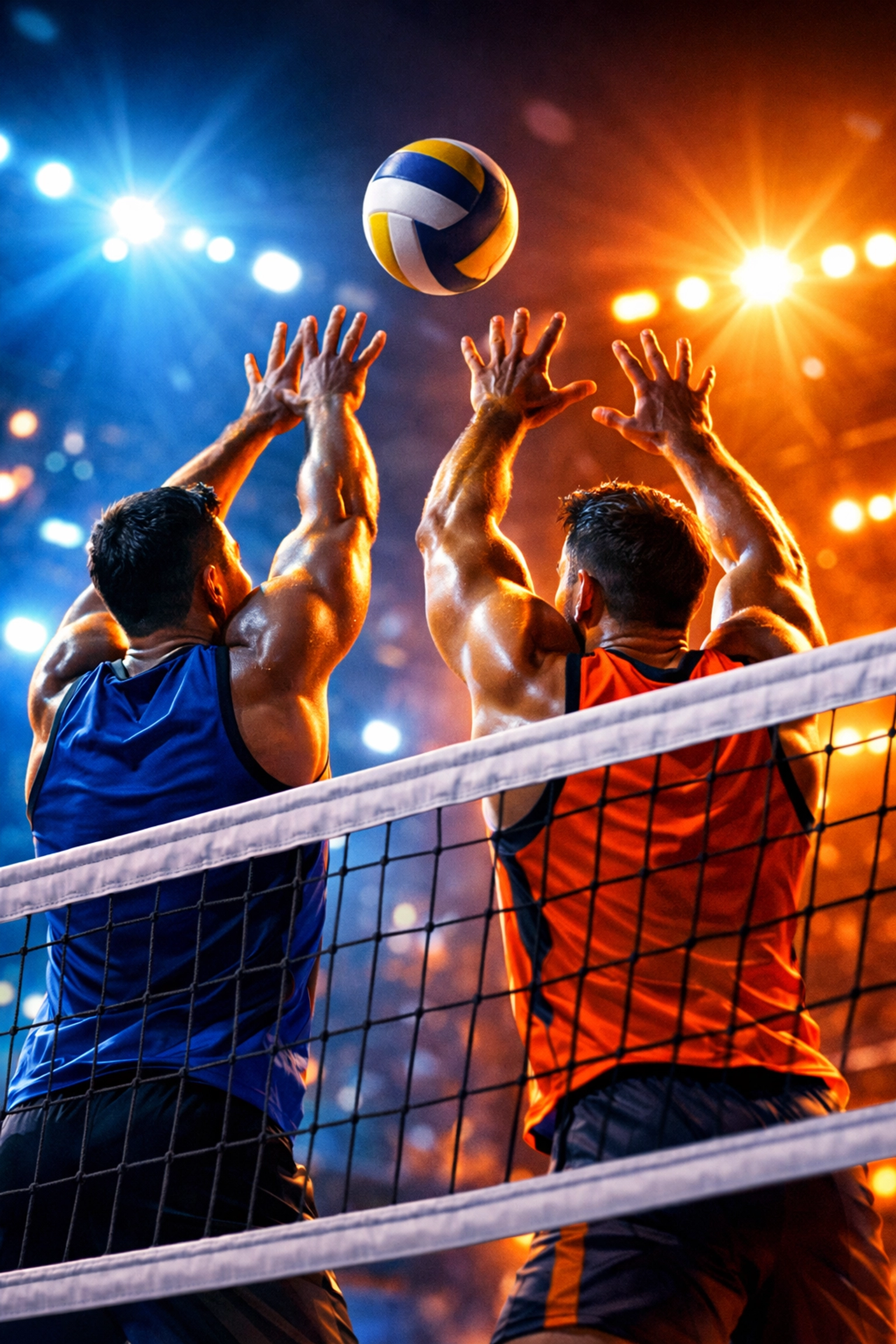 Gay volleyball players blocking at the net in competitive action during match